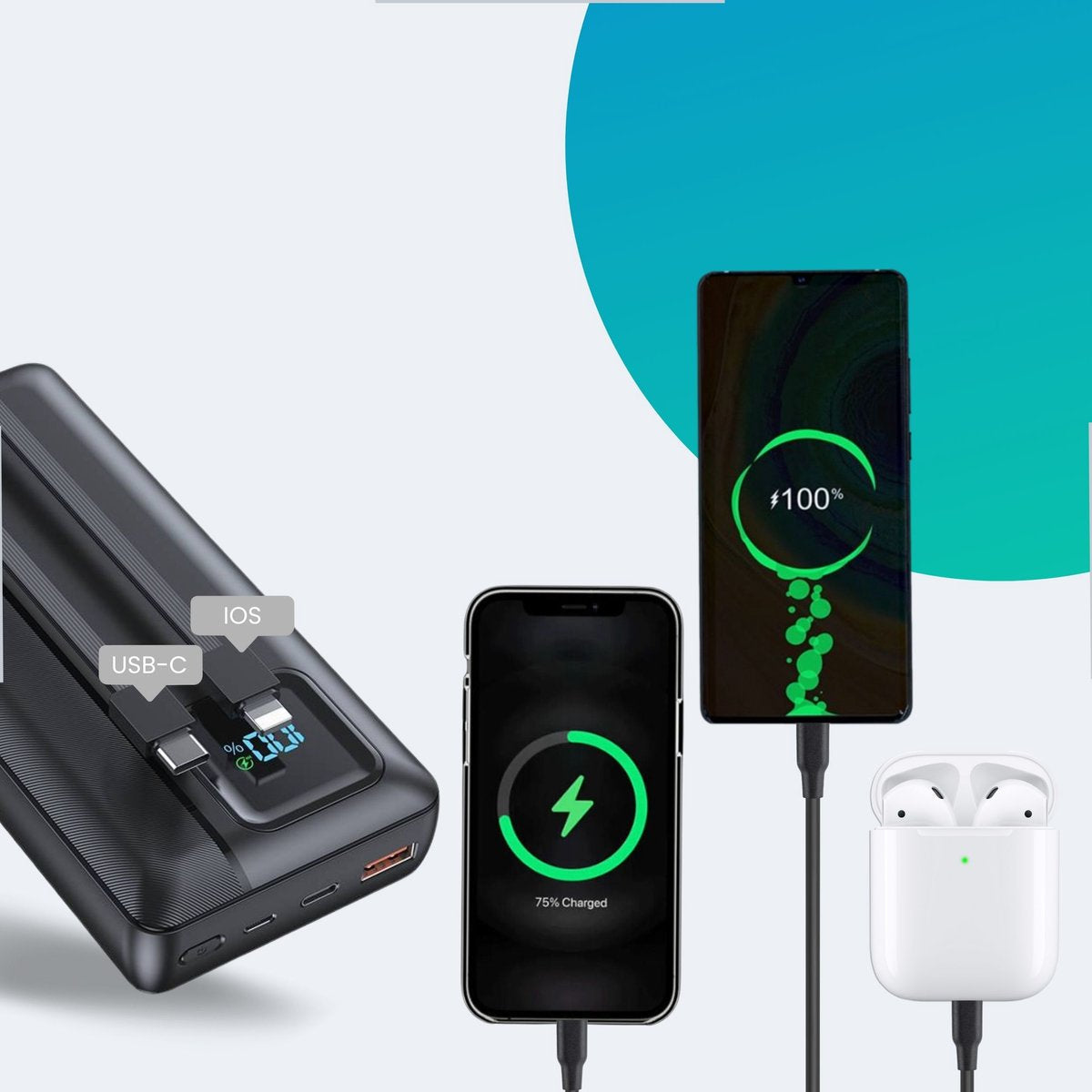 Portable power bank with built-in cables
