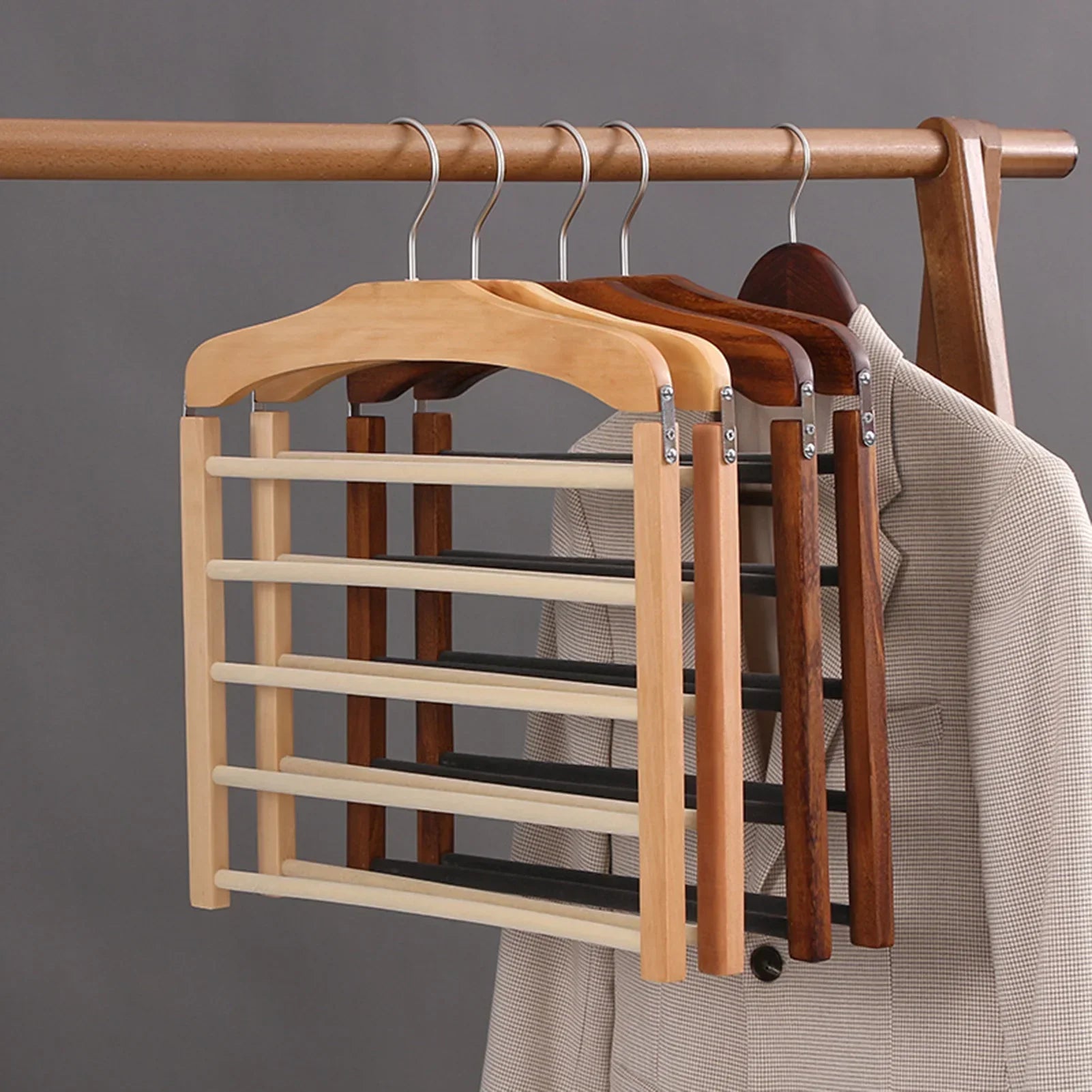 Multi-Layer Wooden Trouser Organizer Elegant Space-Saving Hanger