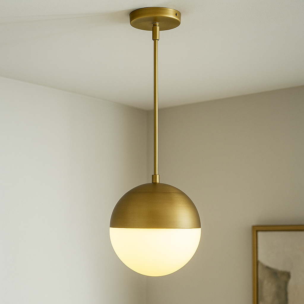 Pendant lamp with glass globe and brass shade