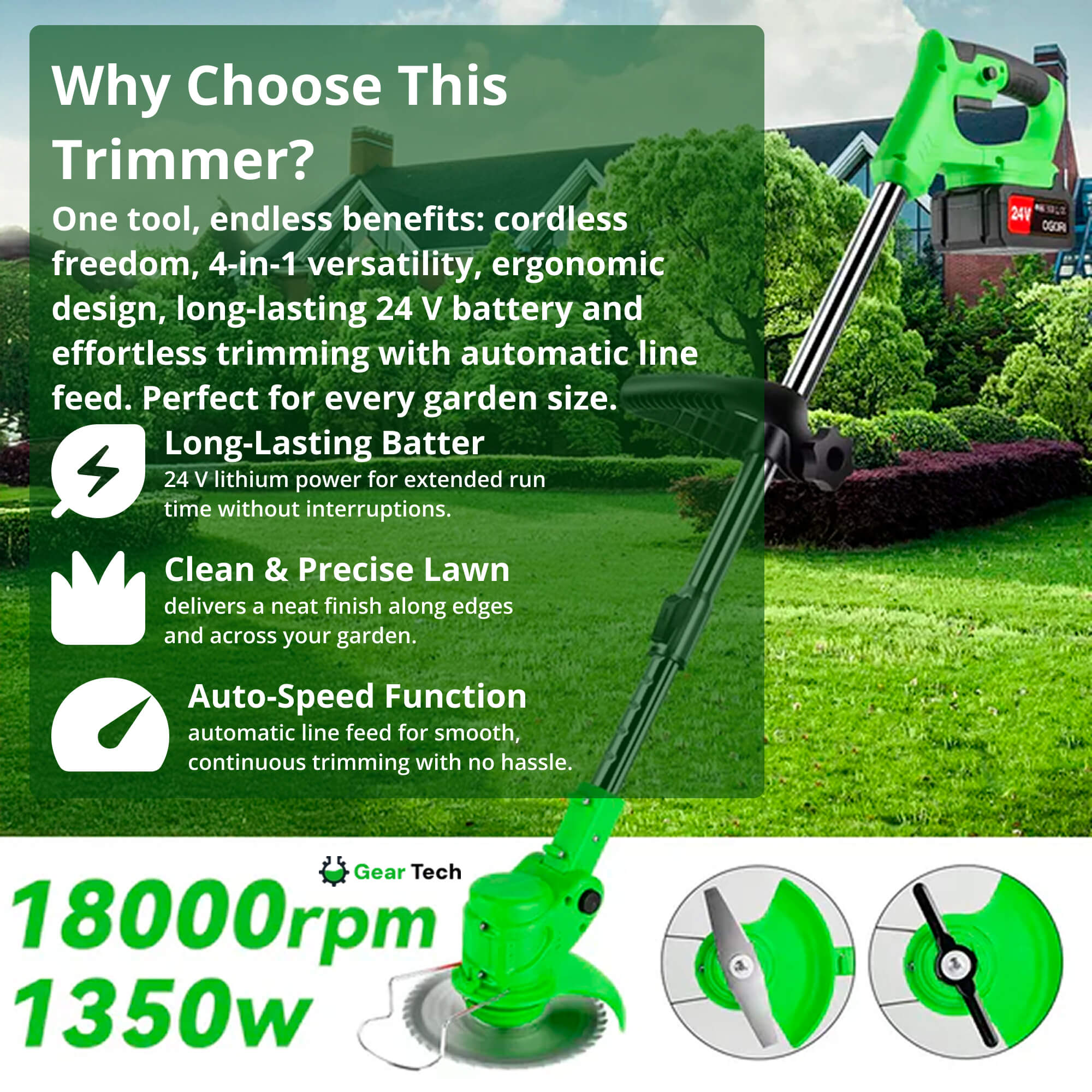 Cordless Grass Strimmer Lightweight 24V Bladed Lawn Tool