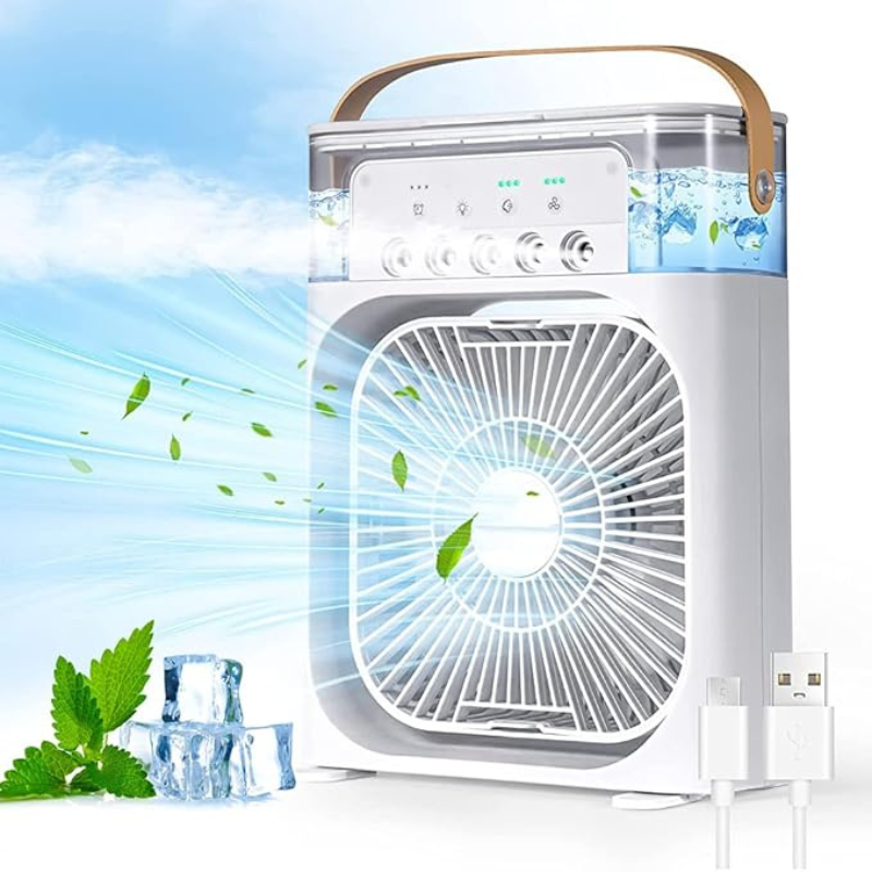 Portable table fan with air cooling and night light