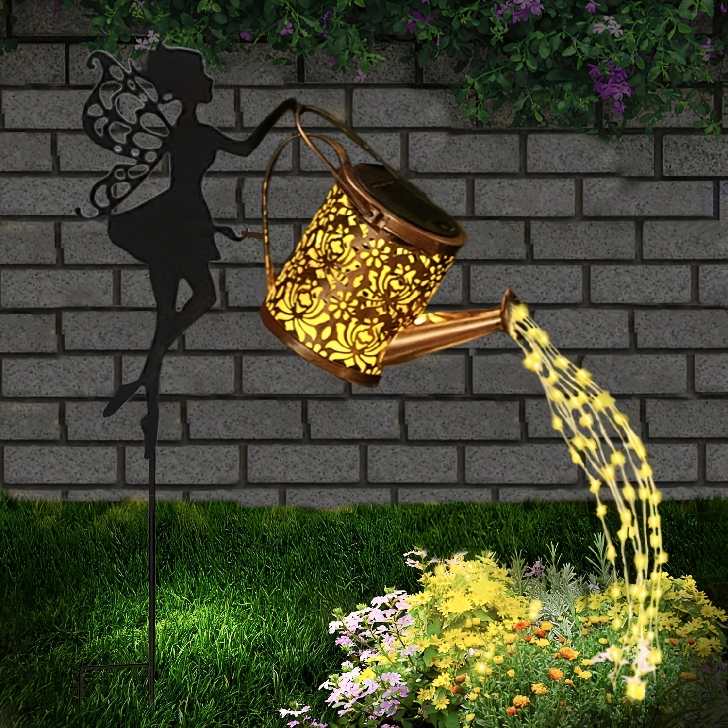 Sun lamp watering can with fairy light – angel design, waterfall garland & automatic sensor