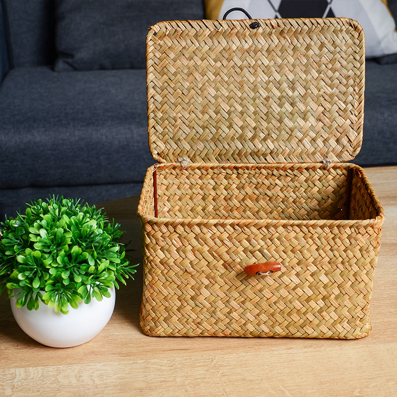 Natural Seagrass Basket Storage Box with Lid for Home Organization