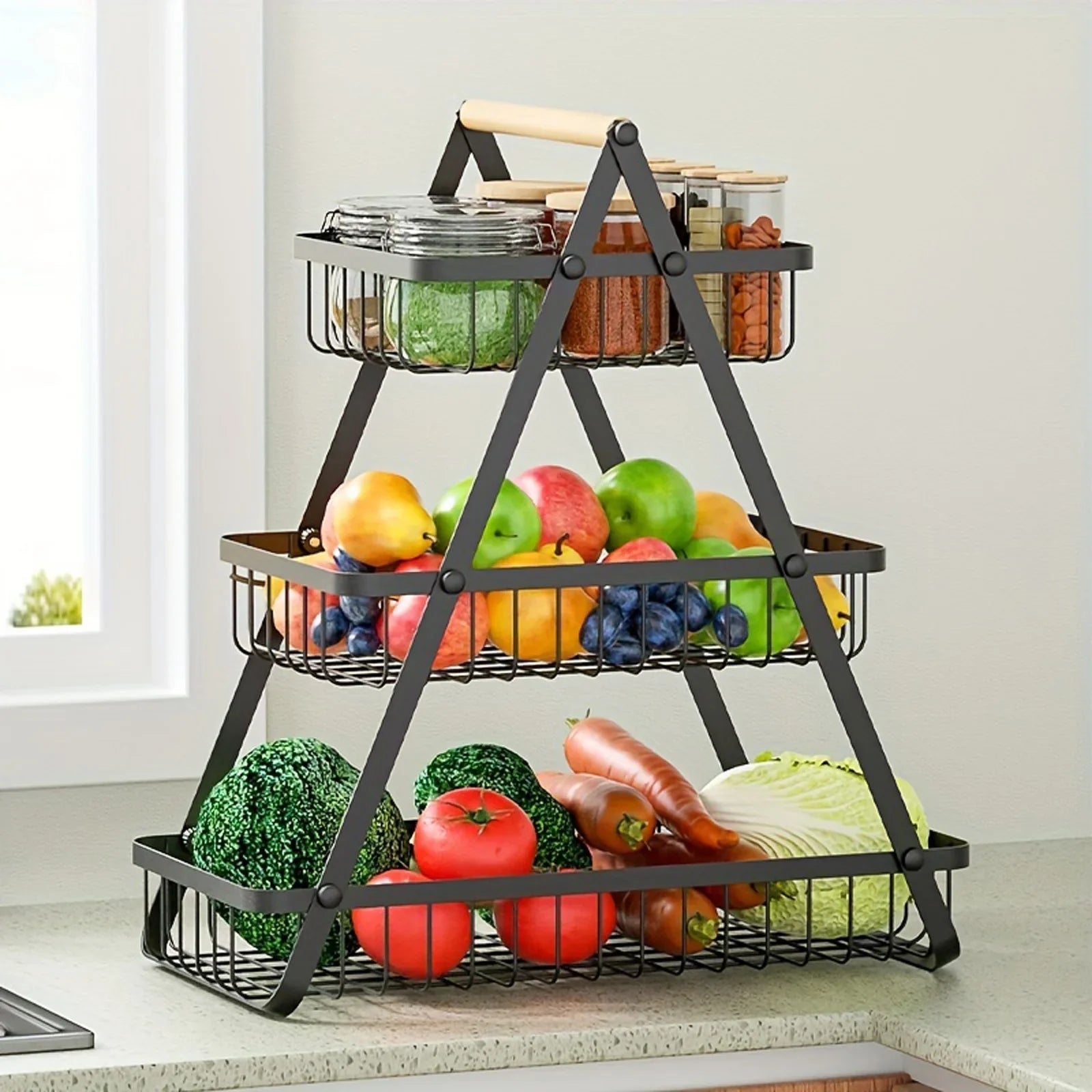 Fruitcascade 3-layer metal fruit basket with wooden handle