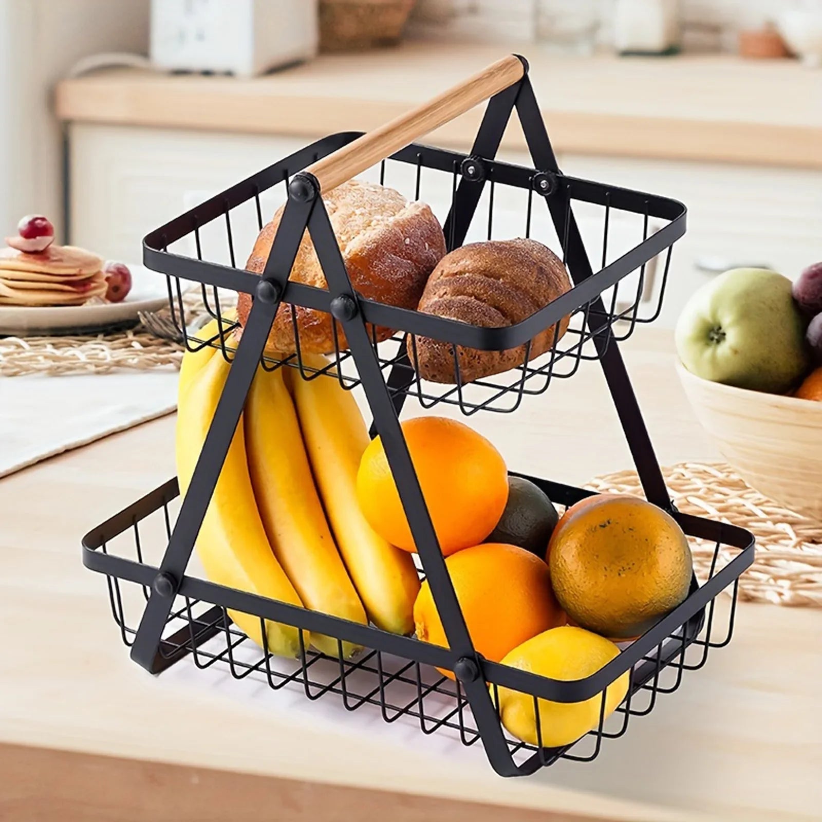 Fruitcascade 3-layer metal fruit basket with wooden handle