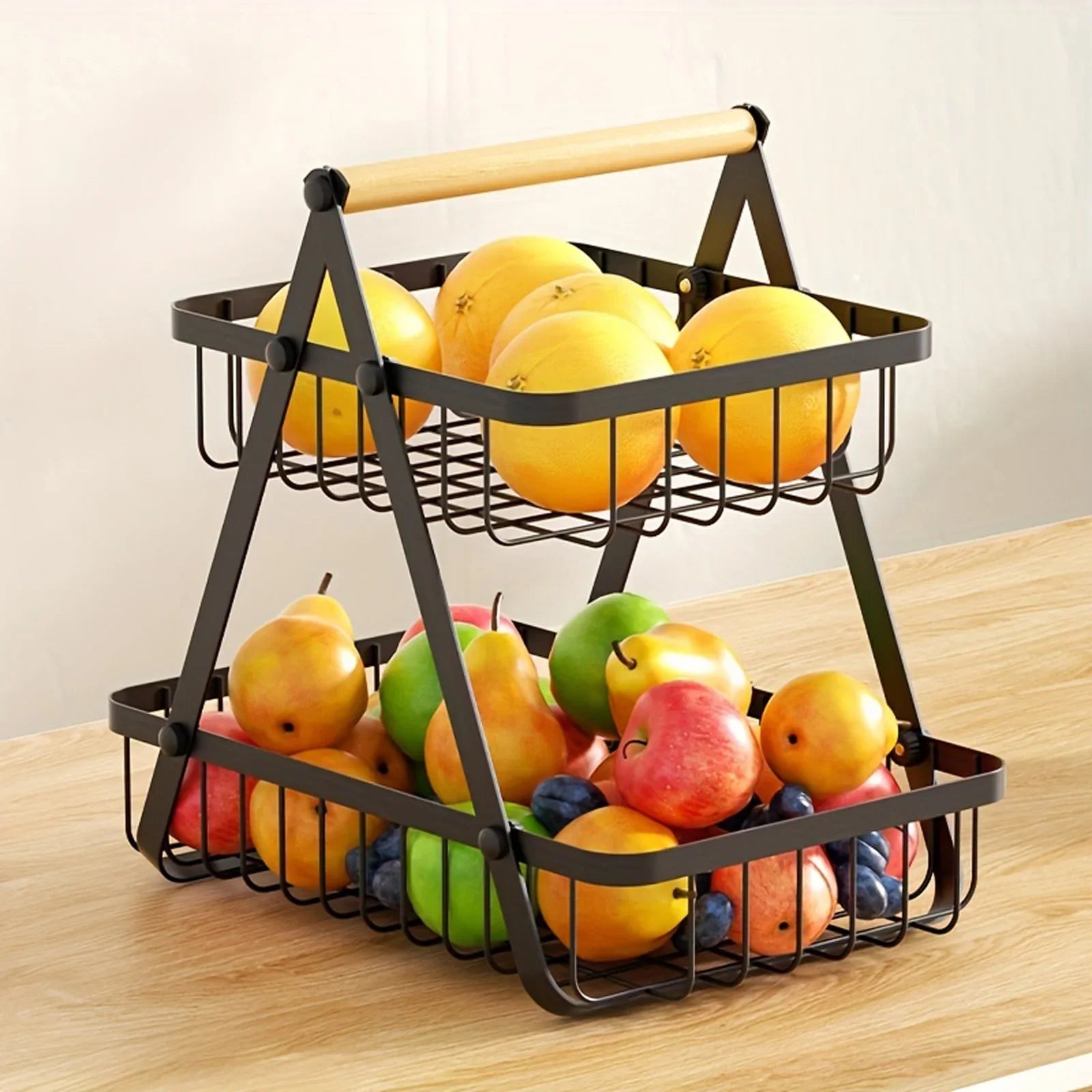 Fruitcascade 3-layer metal fruit basket with wooden handle
