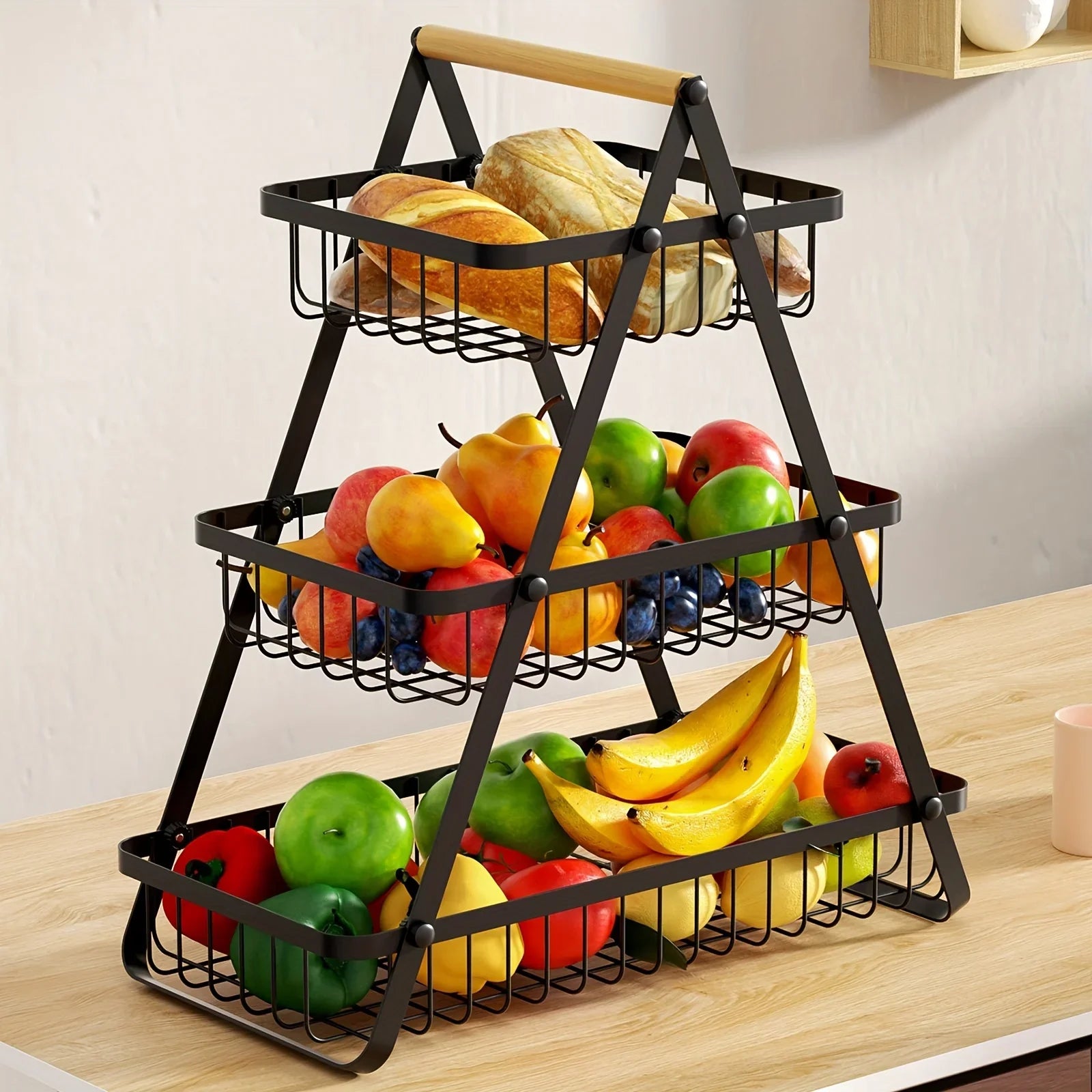 Fruitcascade 3-layer metal fruit basket with wooden handle