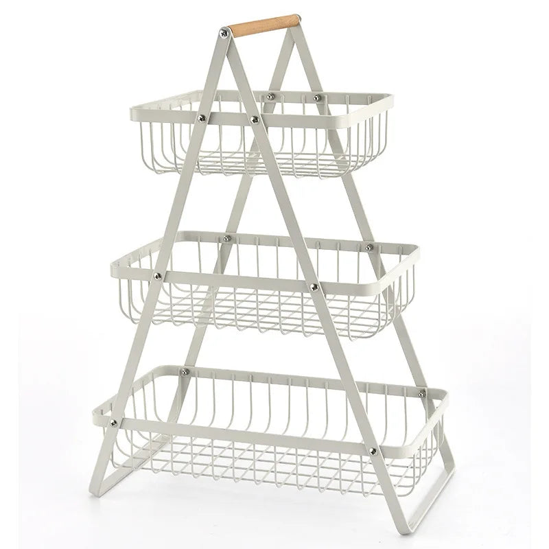 Fruitcascade 3-layer metal fruit basket with wooden handle