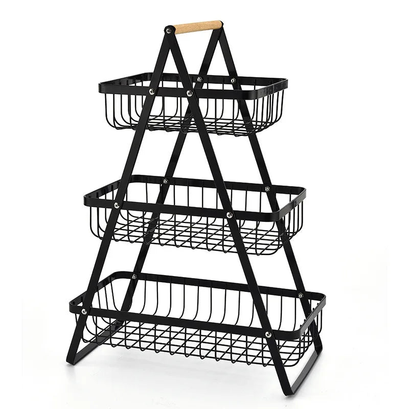 Fruitcascade 3-layer metal fruit basket with wooden handle