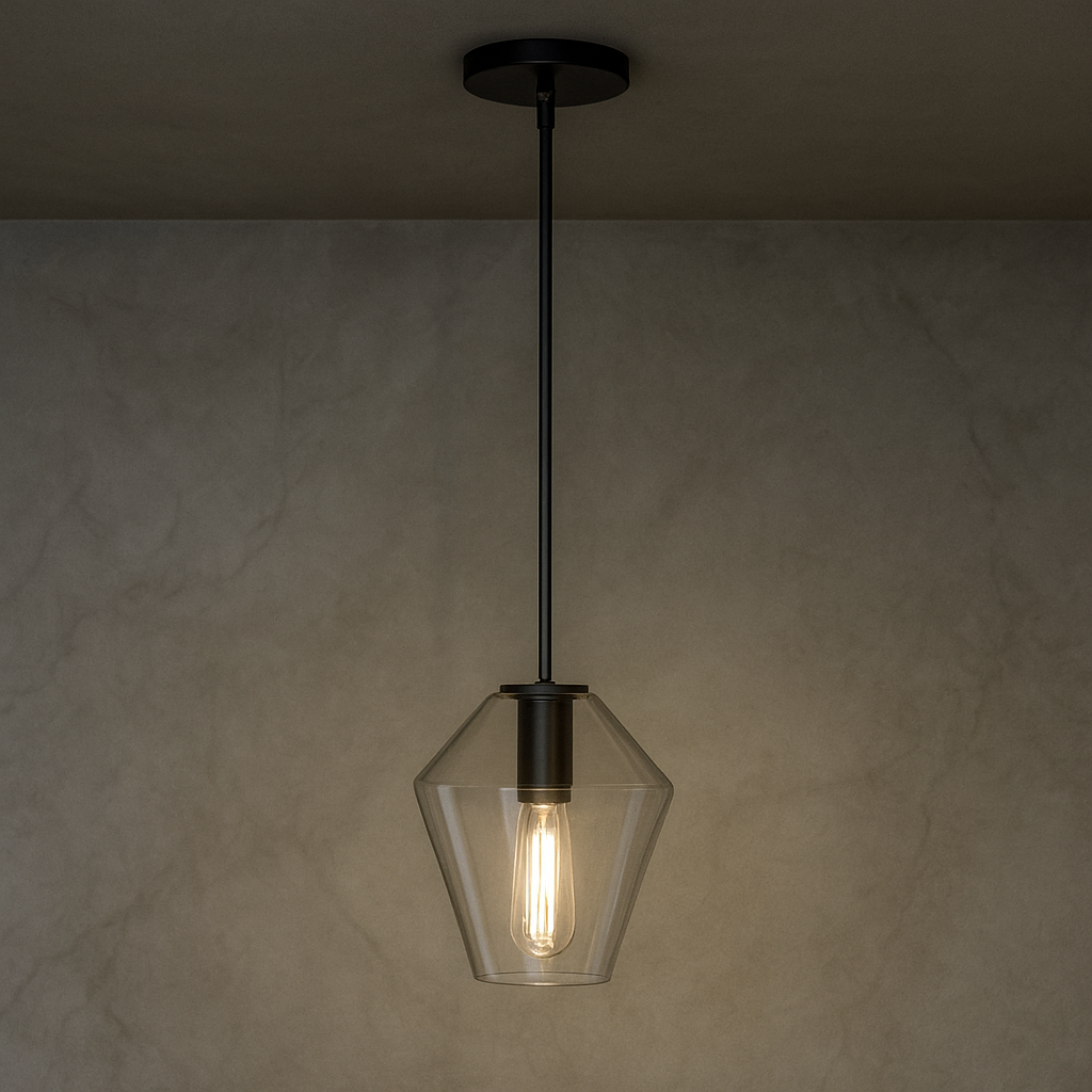 Pendant lamp with diamond-shaped glass shade and black finish
