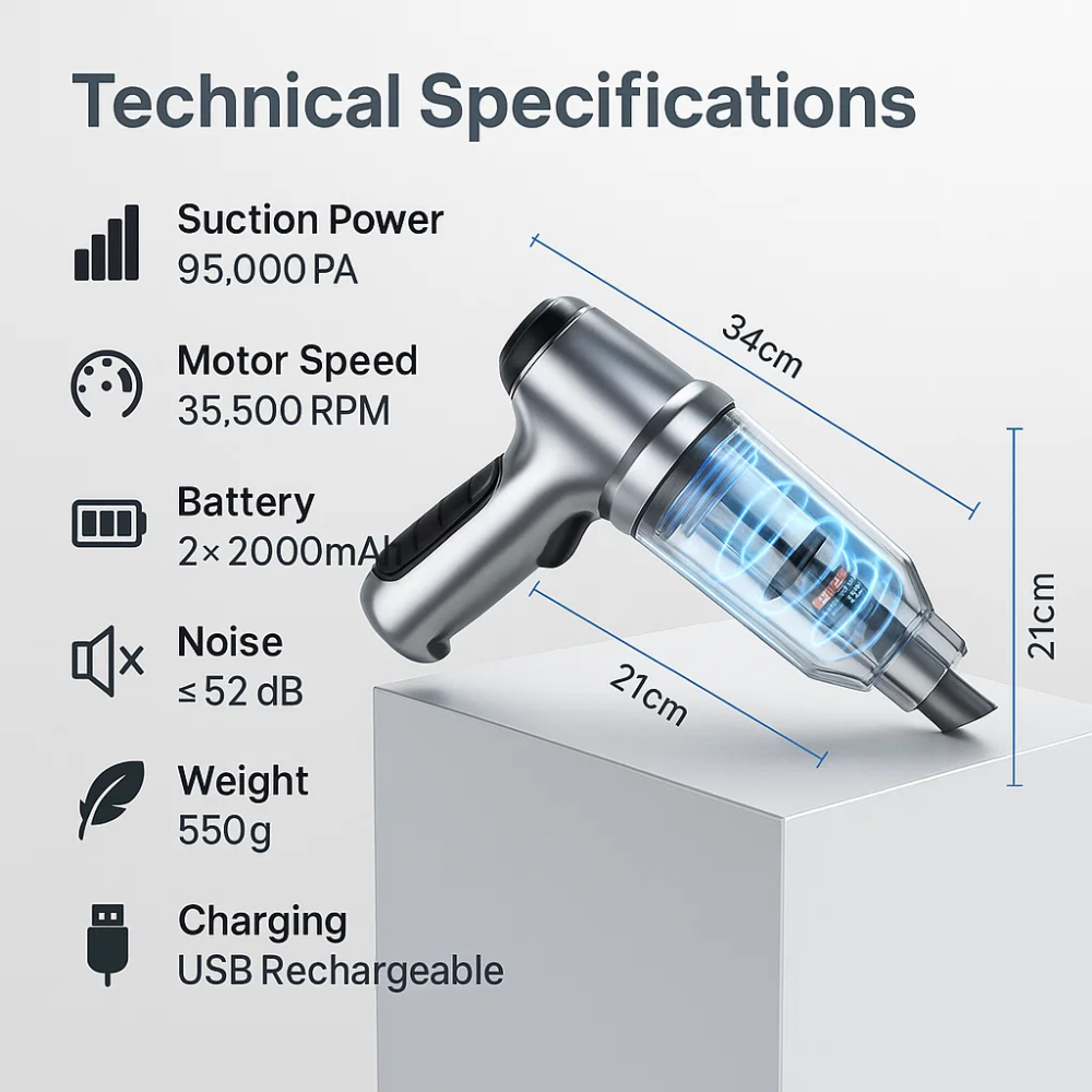 Portable Car Vacuum Cleaner Compact High-Suction Auto Cleaner with Attachments