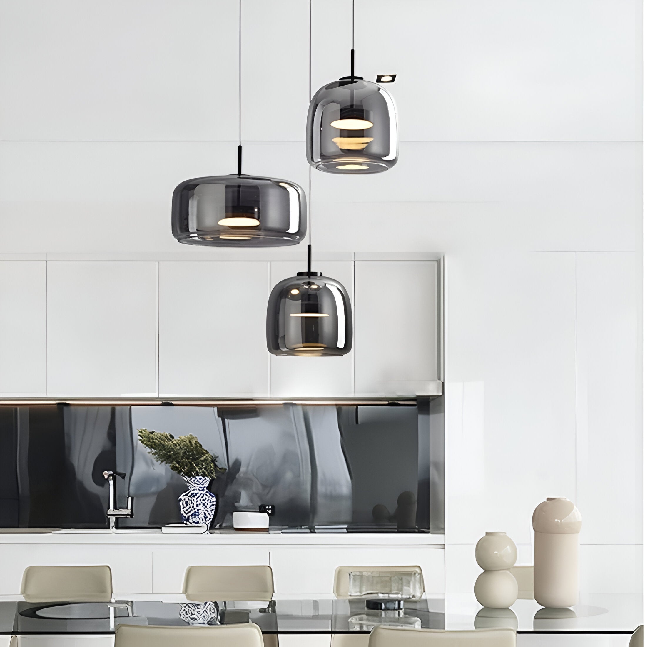 Retro Modern Glass LED Pendant Light Hand-Blown Trio with Adjustable Cord