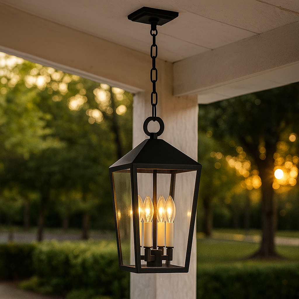Pendant lamp for outdoor use with lantern shape and chain suspension