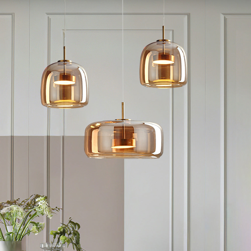 Retro LED Pendant Light – Amber Glass with Gold Finish