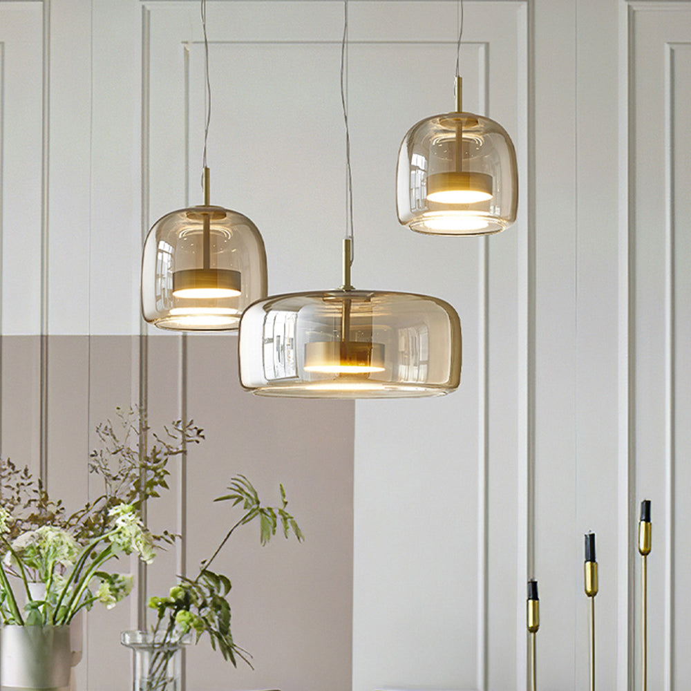 Retro LED Pendant Light – Amber Glass with Gold Finish