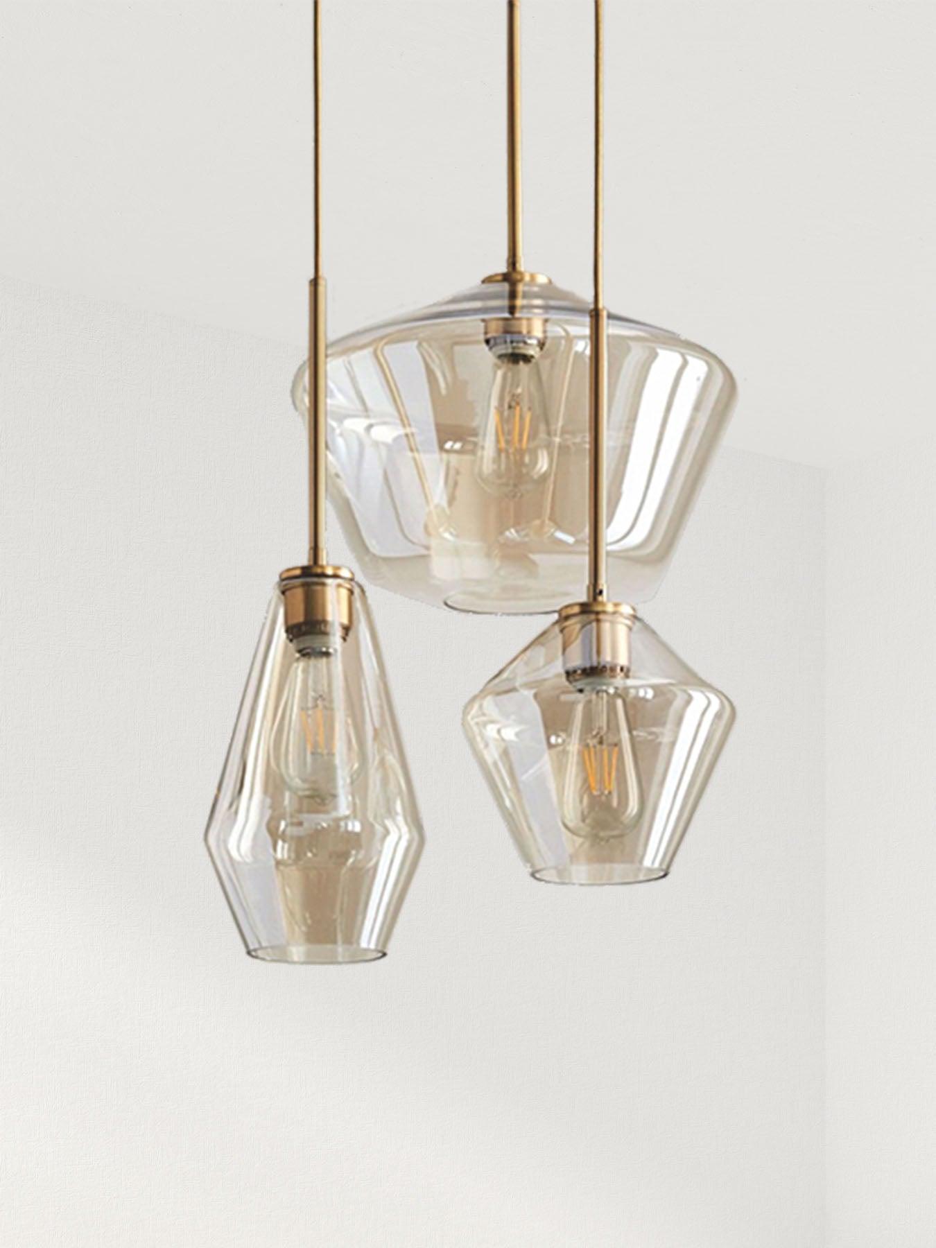 Transparent glass pendant lamp with geometric shapes