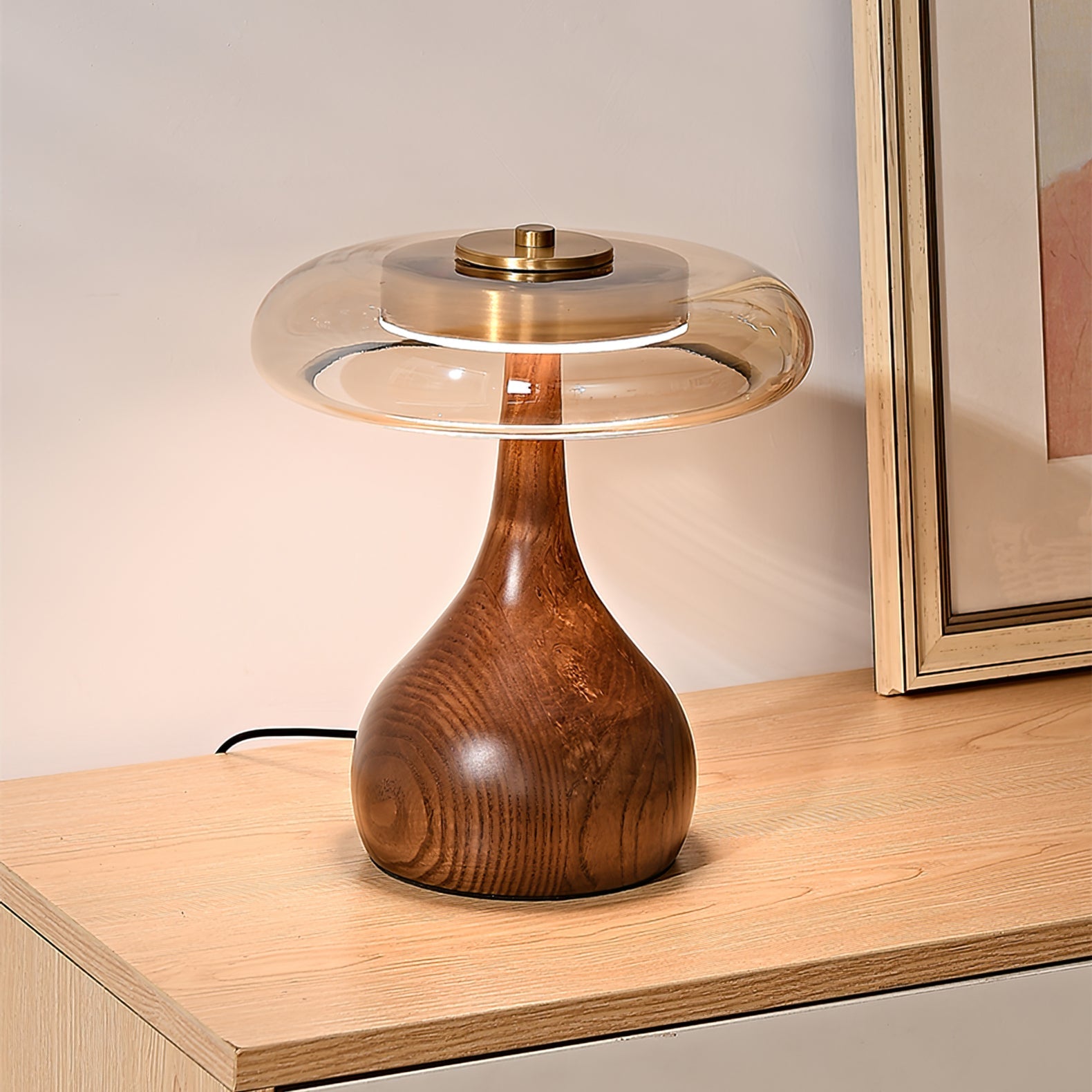 Brass & Wood Table Lamp LED with Warm & Cool Light Options