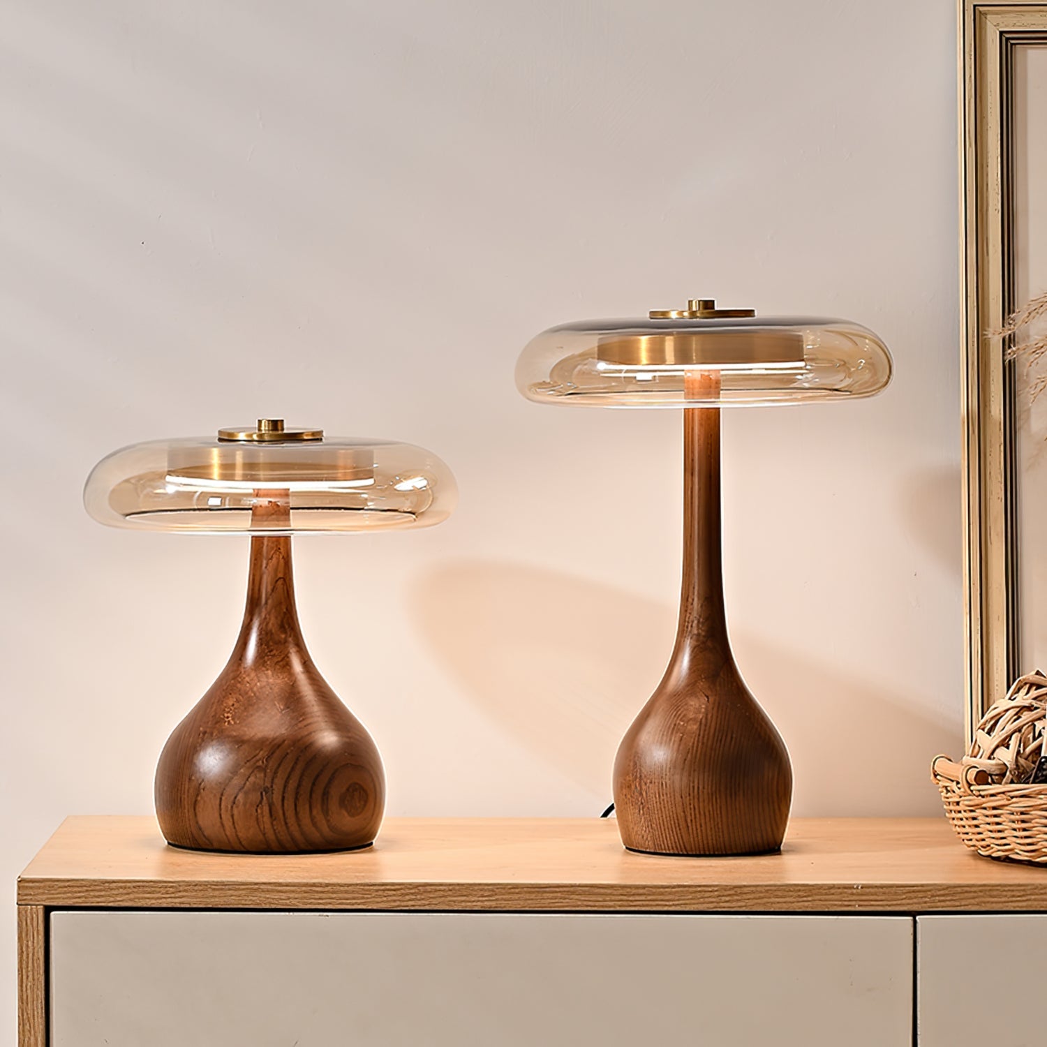 Brass & Wood Table Lamp LED with Warm & Cool Light Options