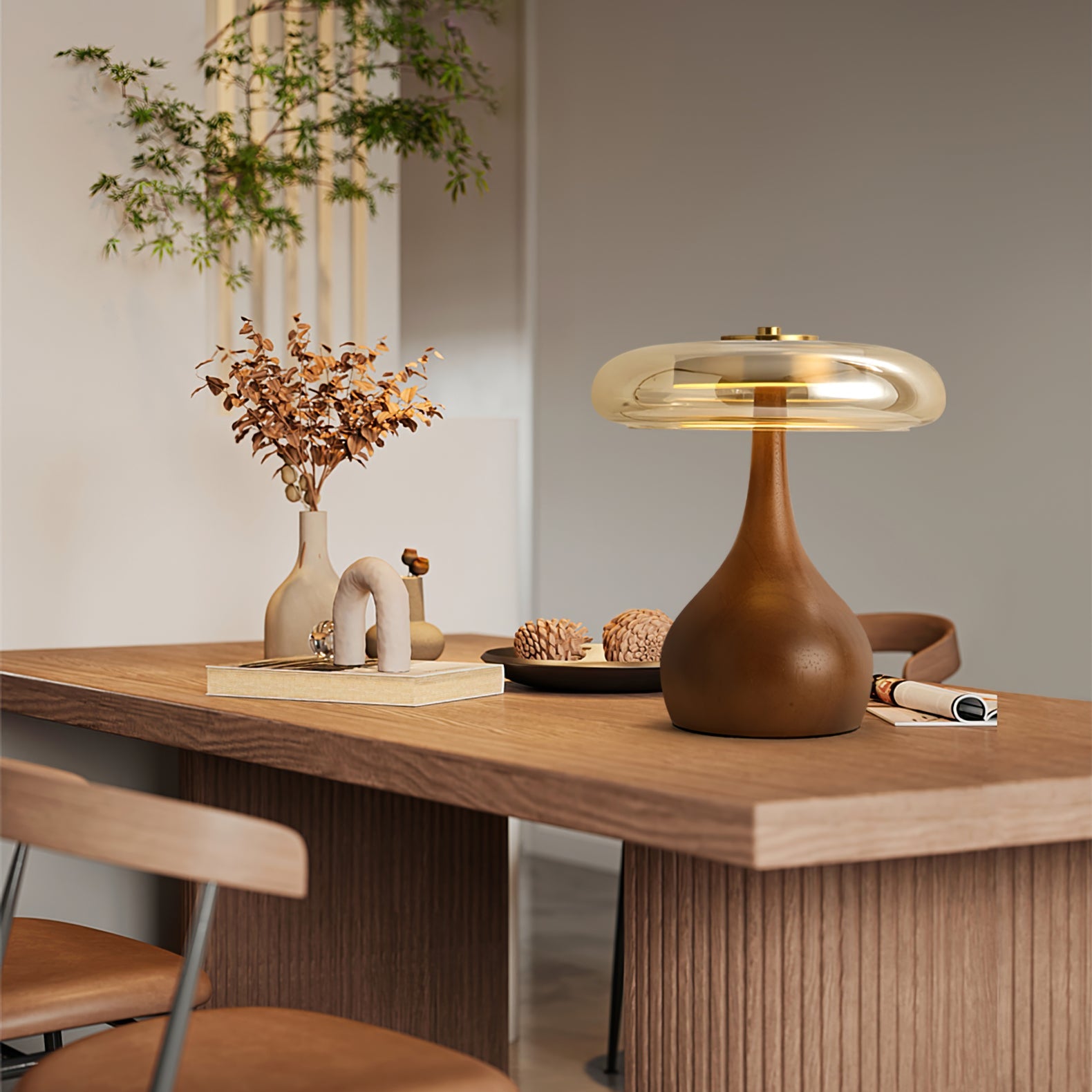 Brass & Wood Table Lamp LED with Warm & Cool Light Options