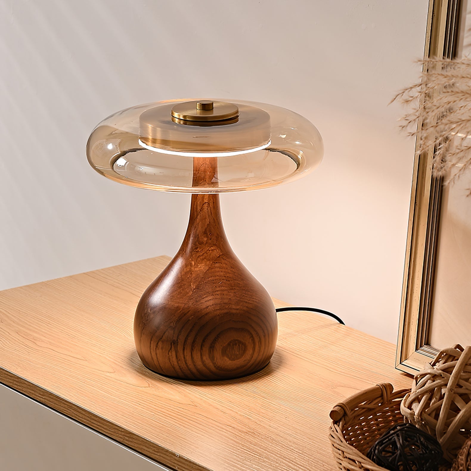 Brass & Wood Table Lamp LED with Warm & Cool Light Options