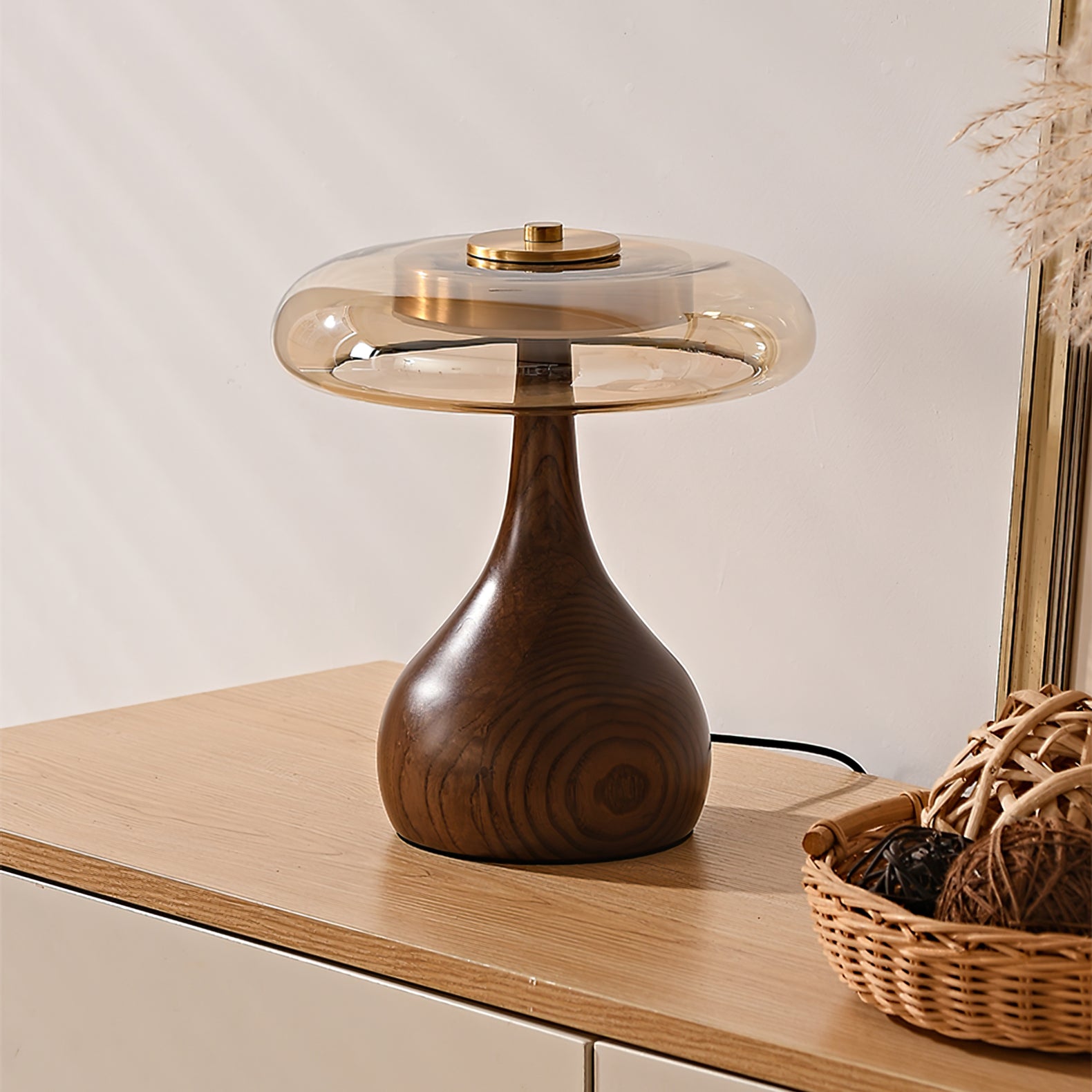 Brass & Wood Table Lamp LED with Warm & Cool Light Options