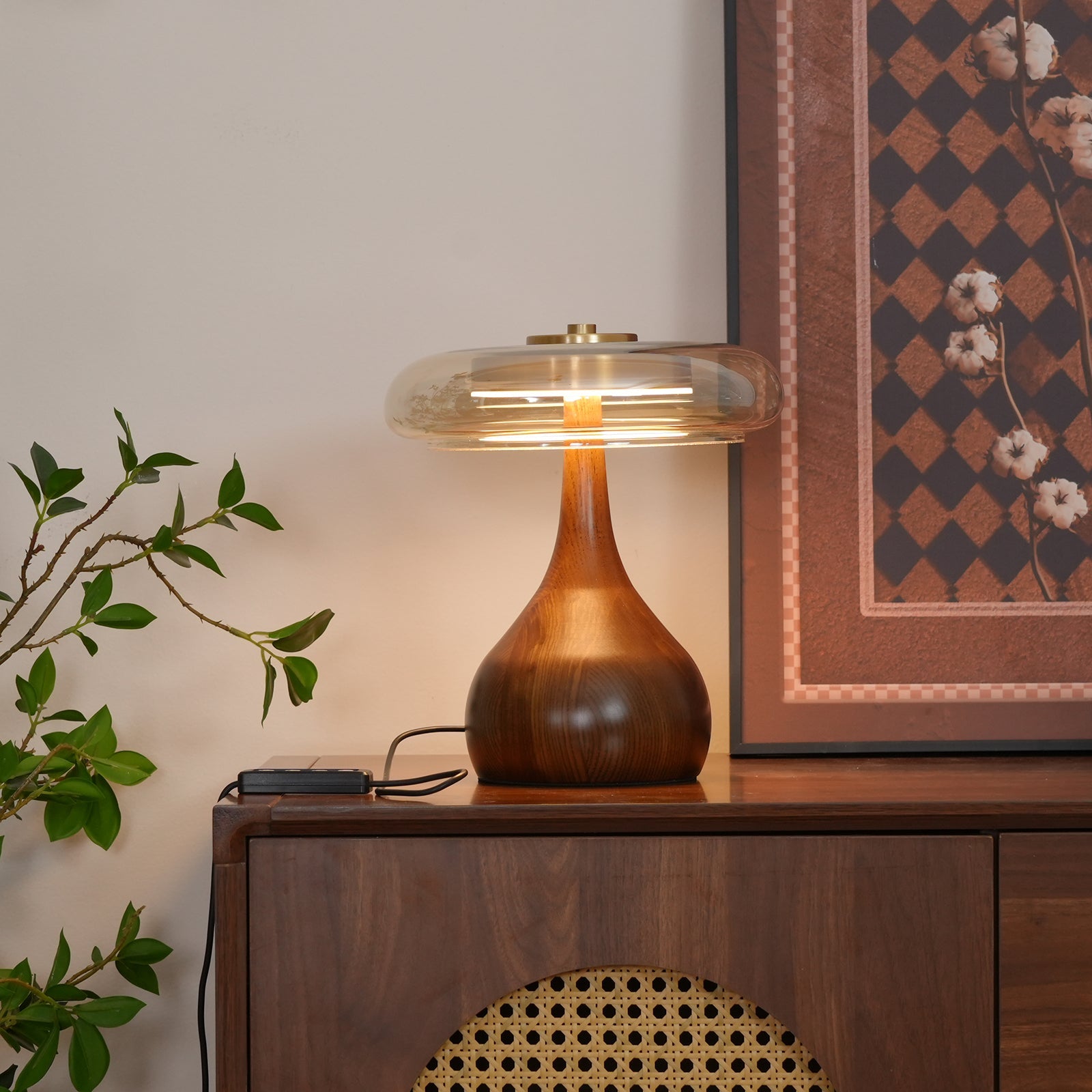 Brass & Wood Table Lamp LED with Warm & Cool Light Options