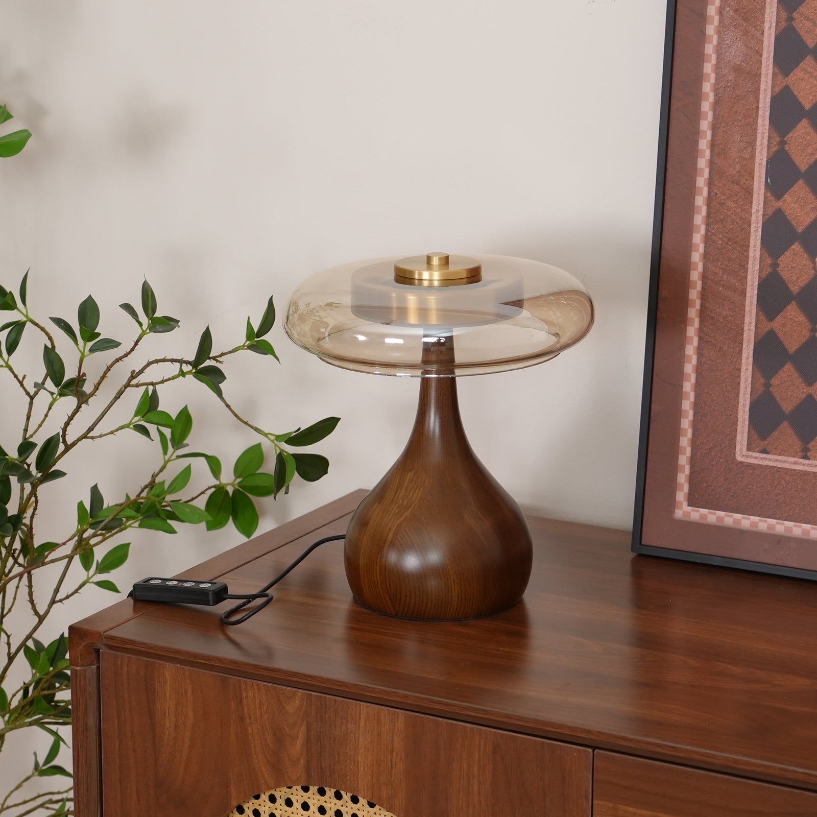 Brass & Wood Table Lamp LED with Warm & Cool Light Options