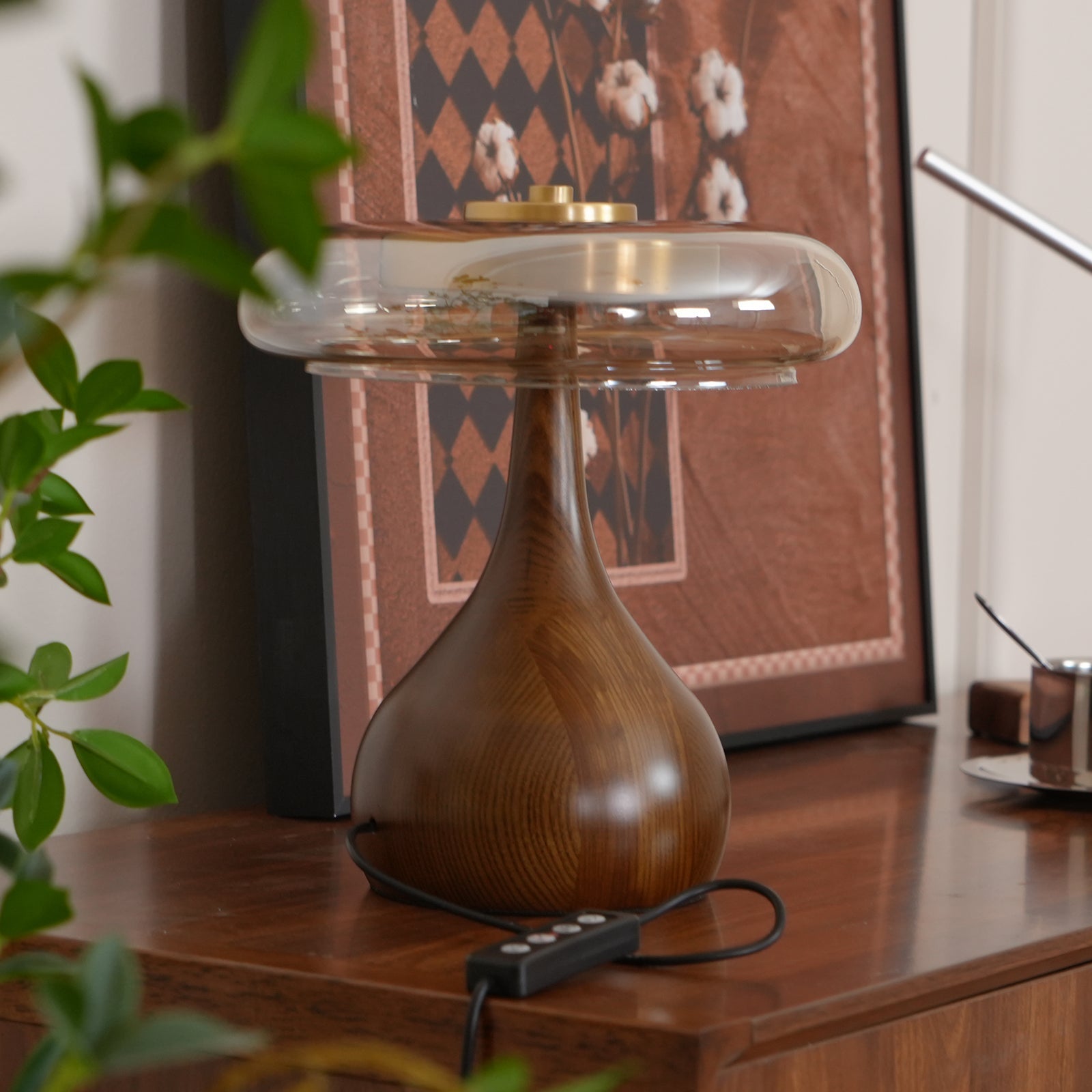 Brass & Wood Table Lamp LED with Warm & Cool Light Options