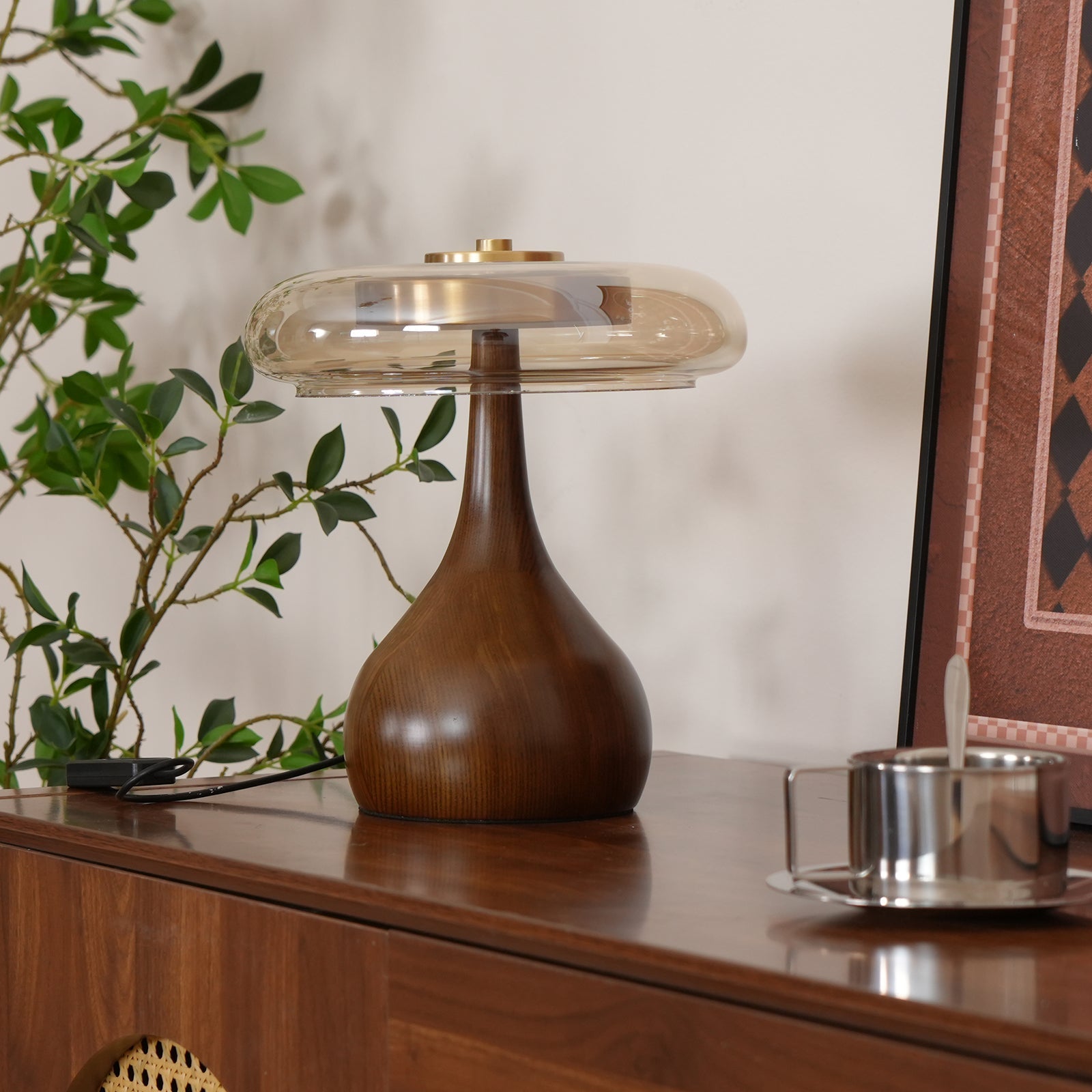 Brass & Wood Table Lamp LED with Warm & Cool Light Options