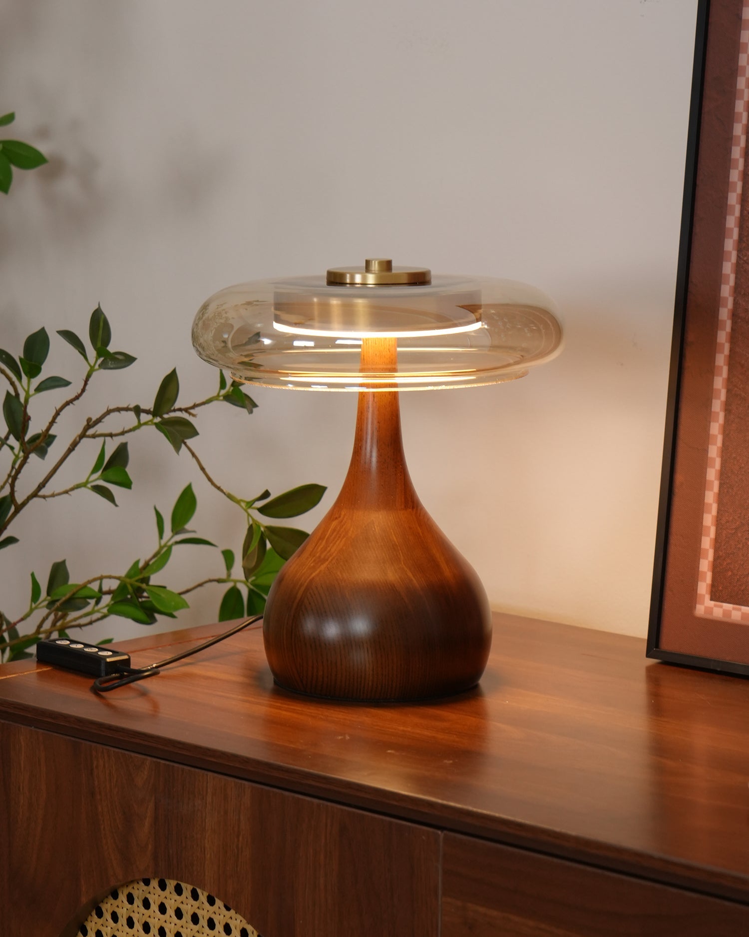Brass & Wood Table Lamp LED with Warm & Cool Light Options