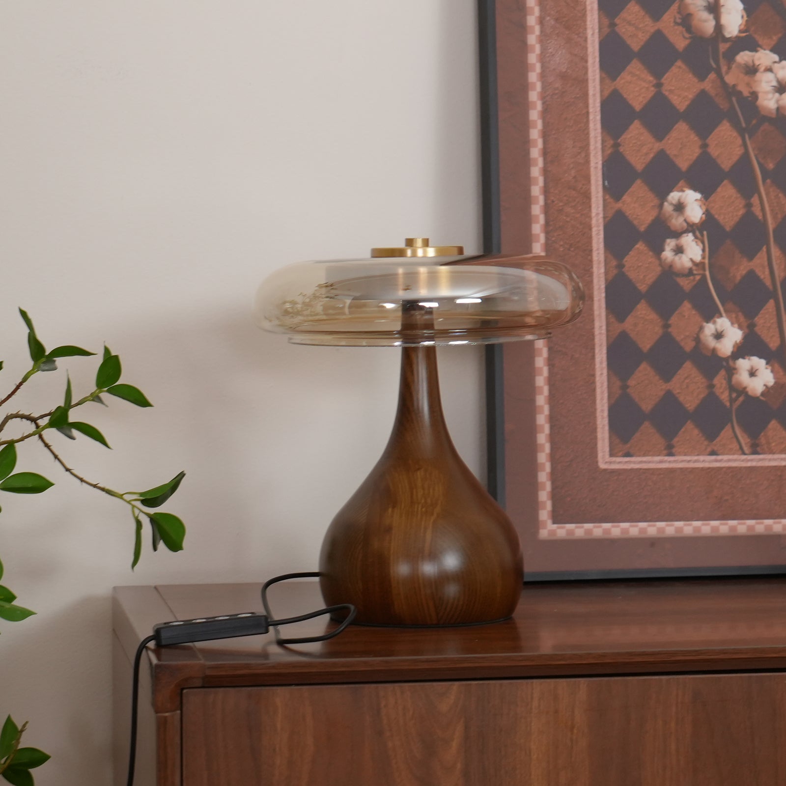 Brass & Wood Table Lamp LED with Warm & Cool Light Options