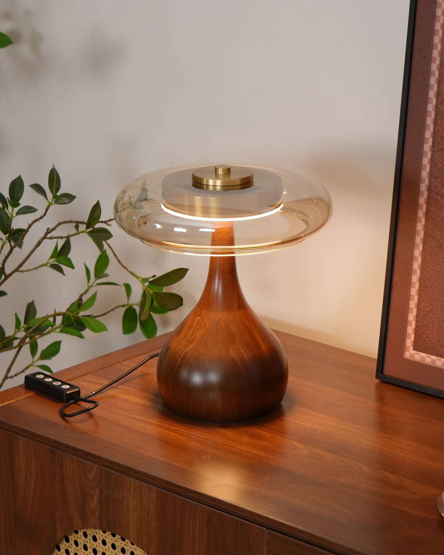 Brass & Wood Table Lamp LED with Warm & Cool Light Options
