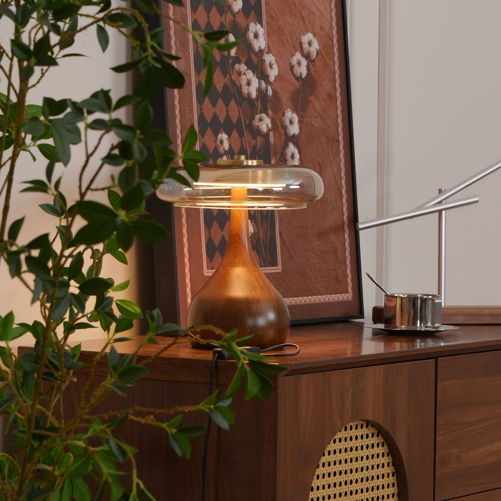 Brass & Wood Table Lamp LED with Warm & Cool Light Options