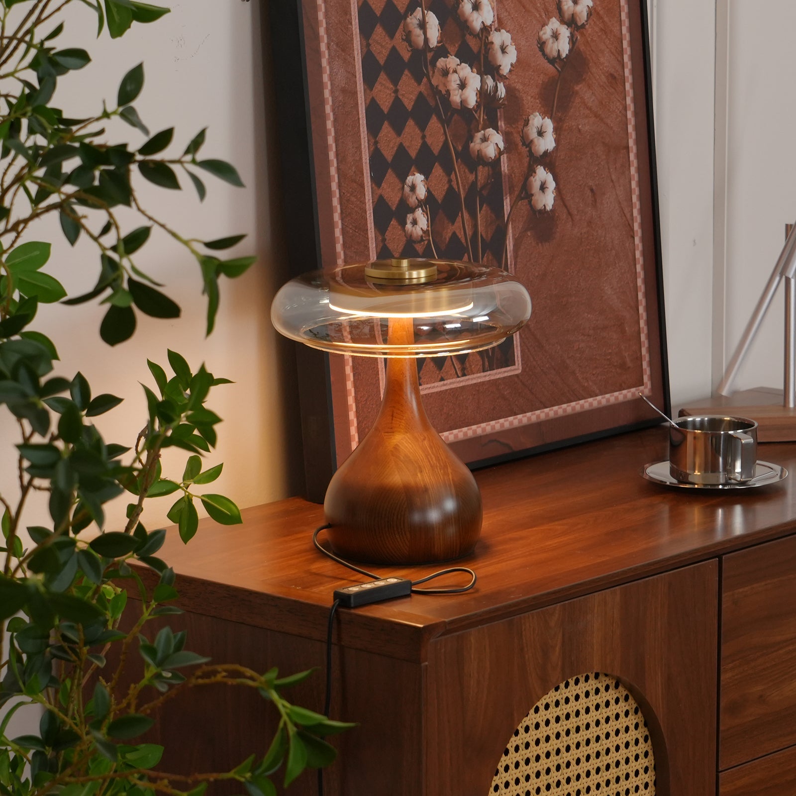 Brass & Wood Table Lamp LED with Warm & Cool Light Options