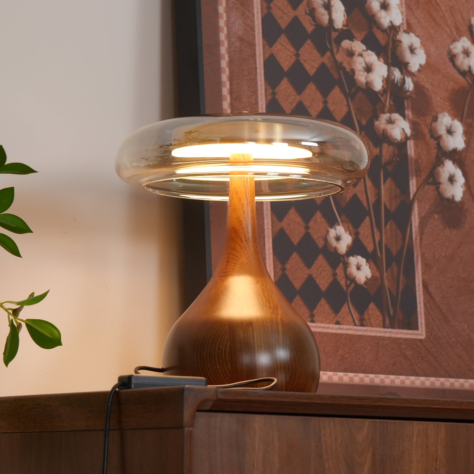 Brass & Wood Table Lamp LED with Warm & Cool Light Options