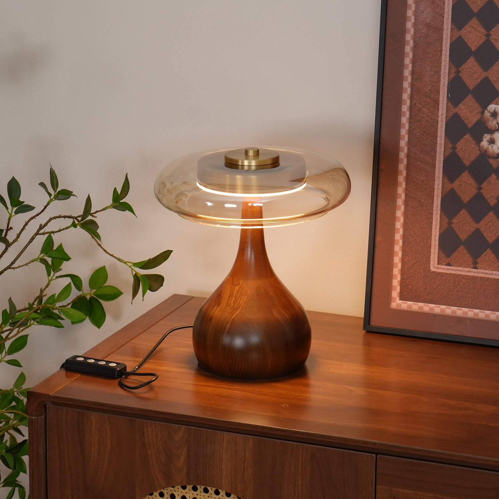 Brass & Wood Table Lamp LED with Warm & Cool Light Options