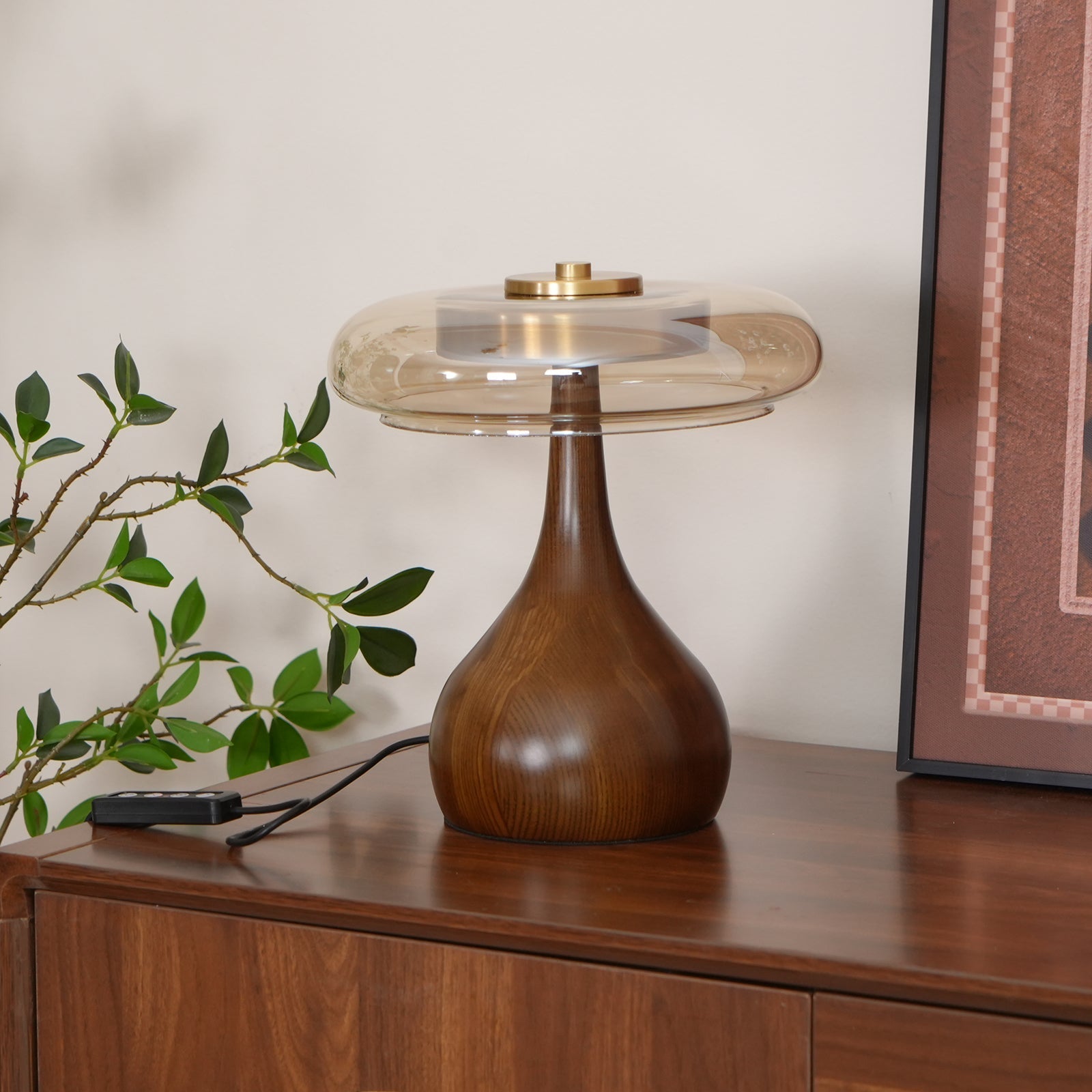 Brass & Wood Table Lamp LED with Warm & Cool Light Options