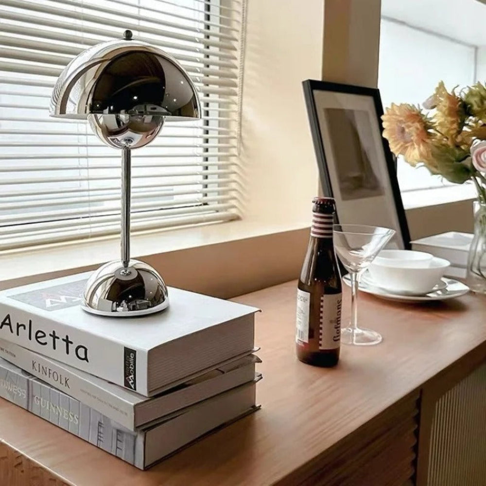 LED Chrome Table Lamp Wireless Rechargeable Light with Touch Dimmer