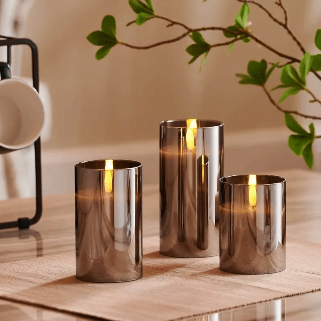 Set of 3 LED Wax Candle Lamps with Glass Cover Realistic Flickering Flame Effect