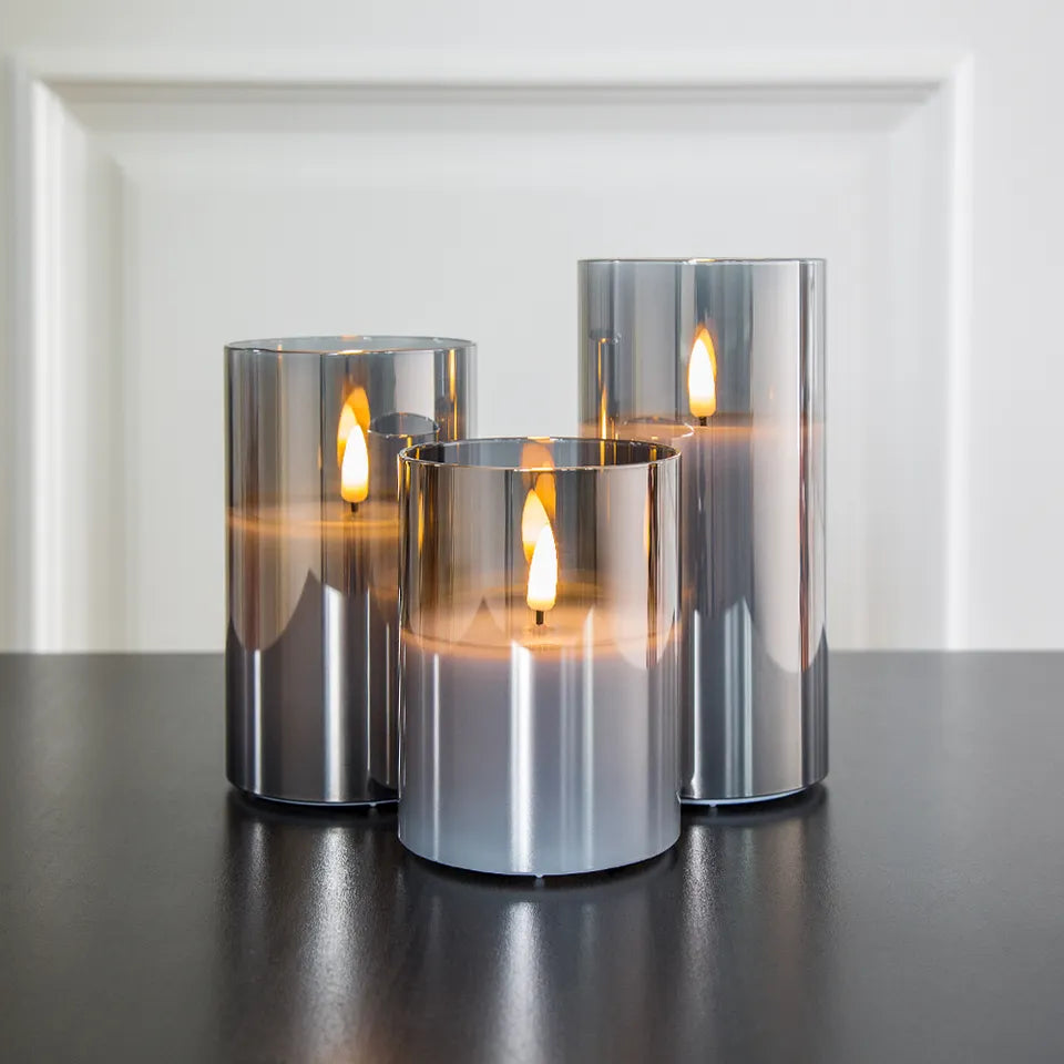 Set of 3 LED Wax Candle Lamps with Glass Cover Realistic Flickering Flame Effect