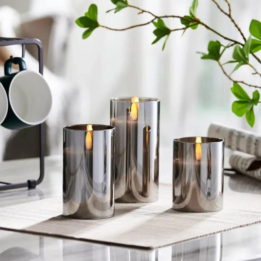 Set of 3 LED Wax Candle Lamps with Glass Cover Realistic Flickering Flame Effect