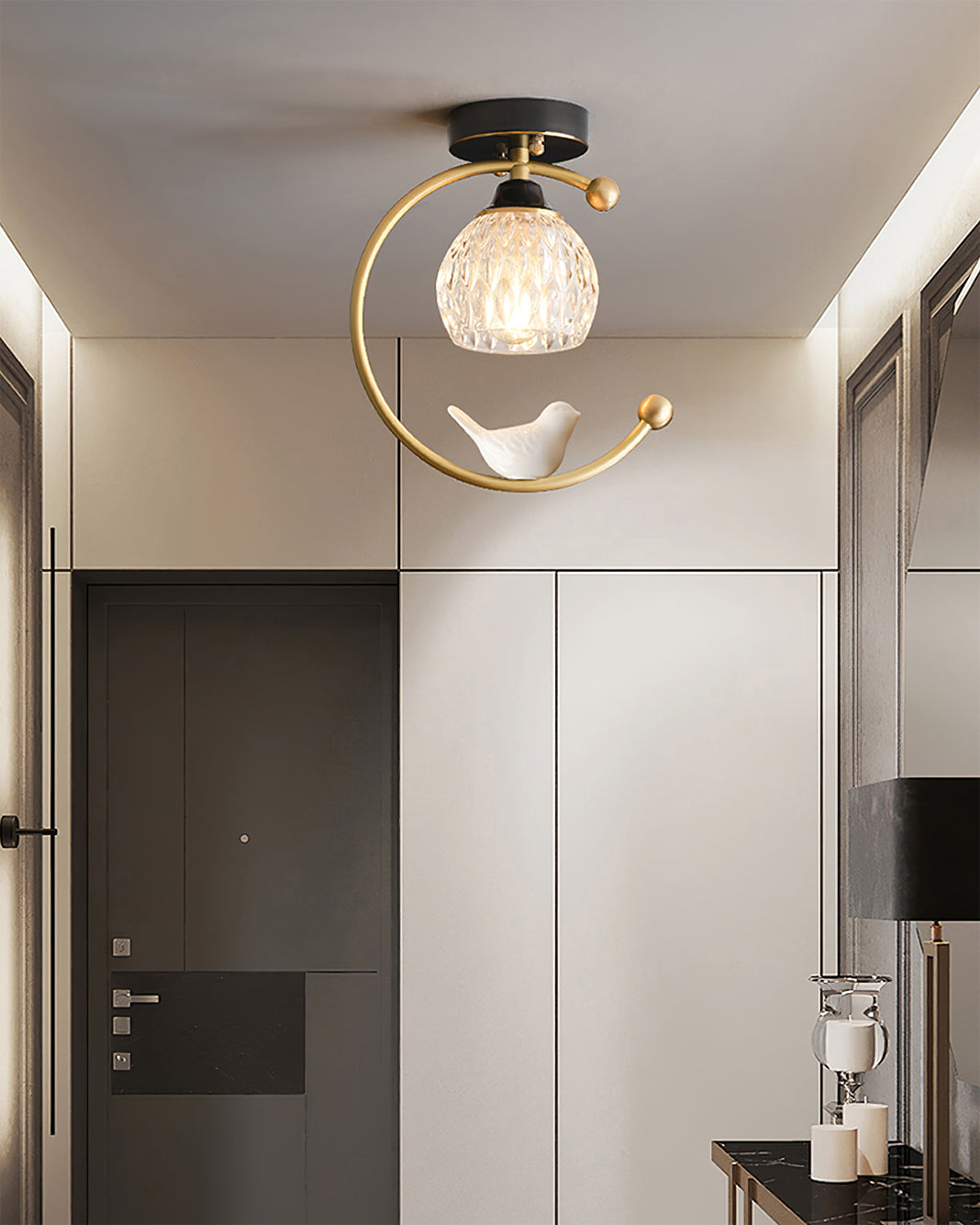 Modern Brass Ceiling Light with Glass Shade and Ceramic Bird Detail