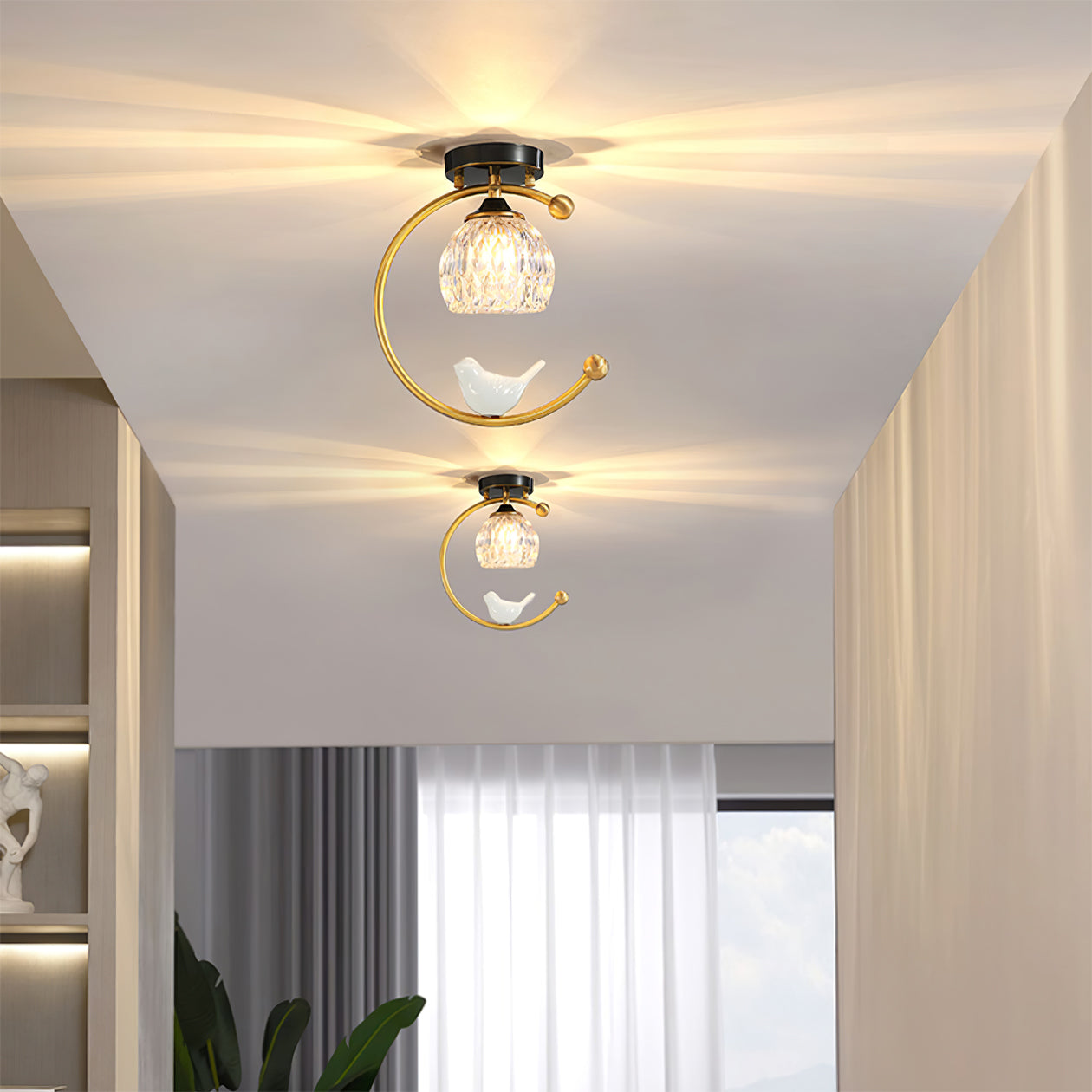 Modern Brass Ceiling Light with Glass Shade and Ceramic Bird Detail
