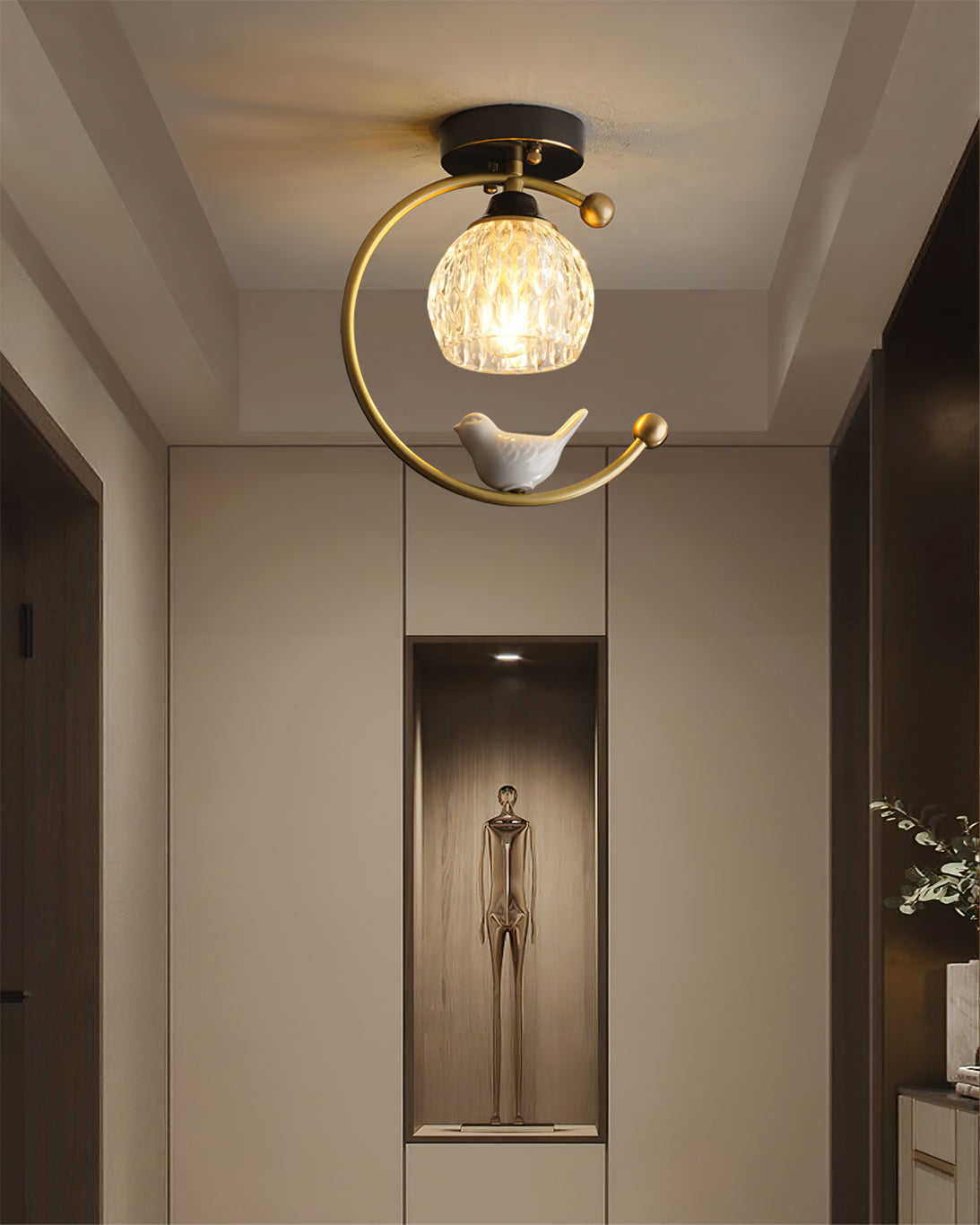 Modern Brass Ceiling Light with Glass Shade and Ceramic Bird Detail