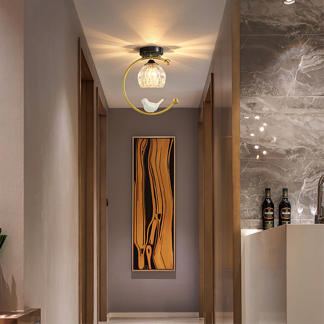 Modern Brass Ceiling Light with Glass Shade and Ceramic Bird Detail