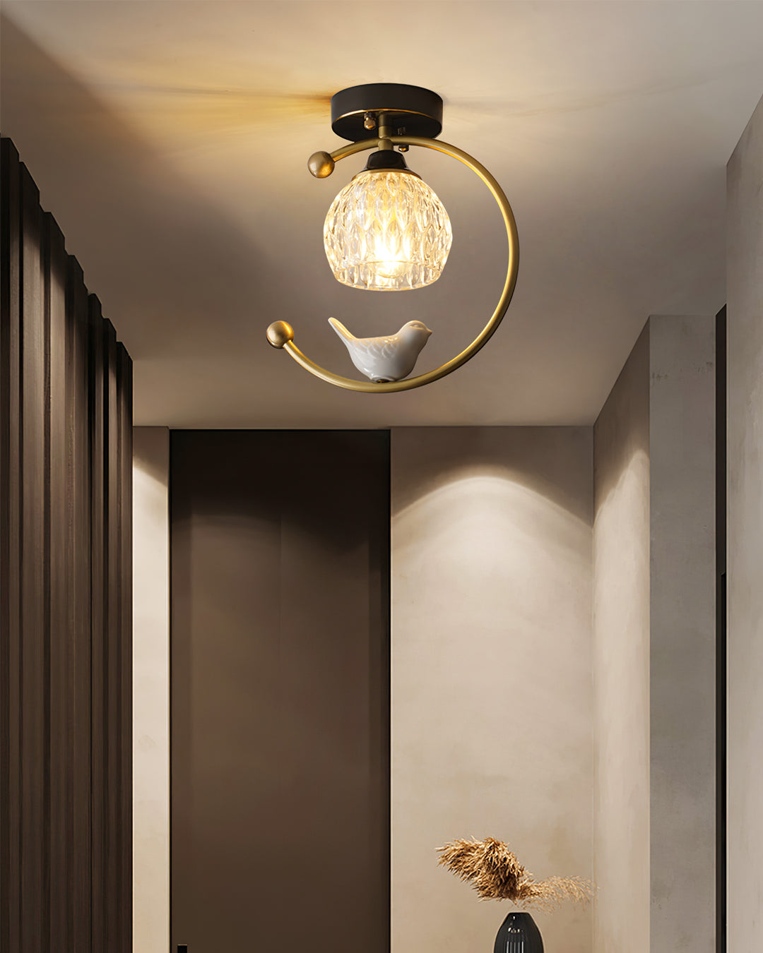 Modern Brass Ceiling Light with Glass Shade and Ceramic Bird Detail