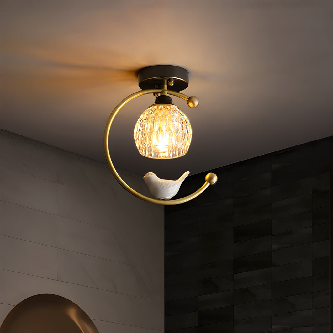 Modern Brass Ceiling Light with Glass Shade and Ceramic Bird Detail