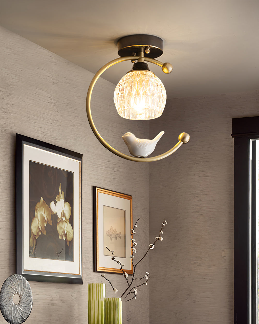 Modern Brass Ceiling Light with Glass Shade and Ceramic Bird Detail