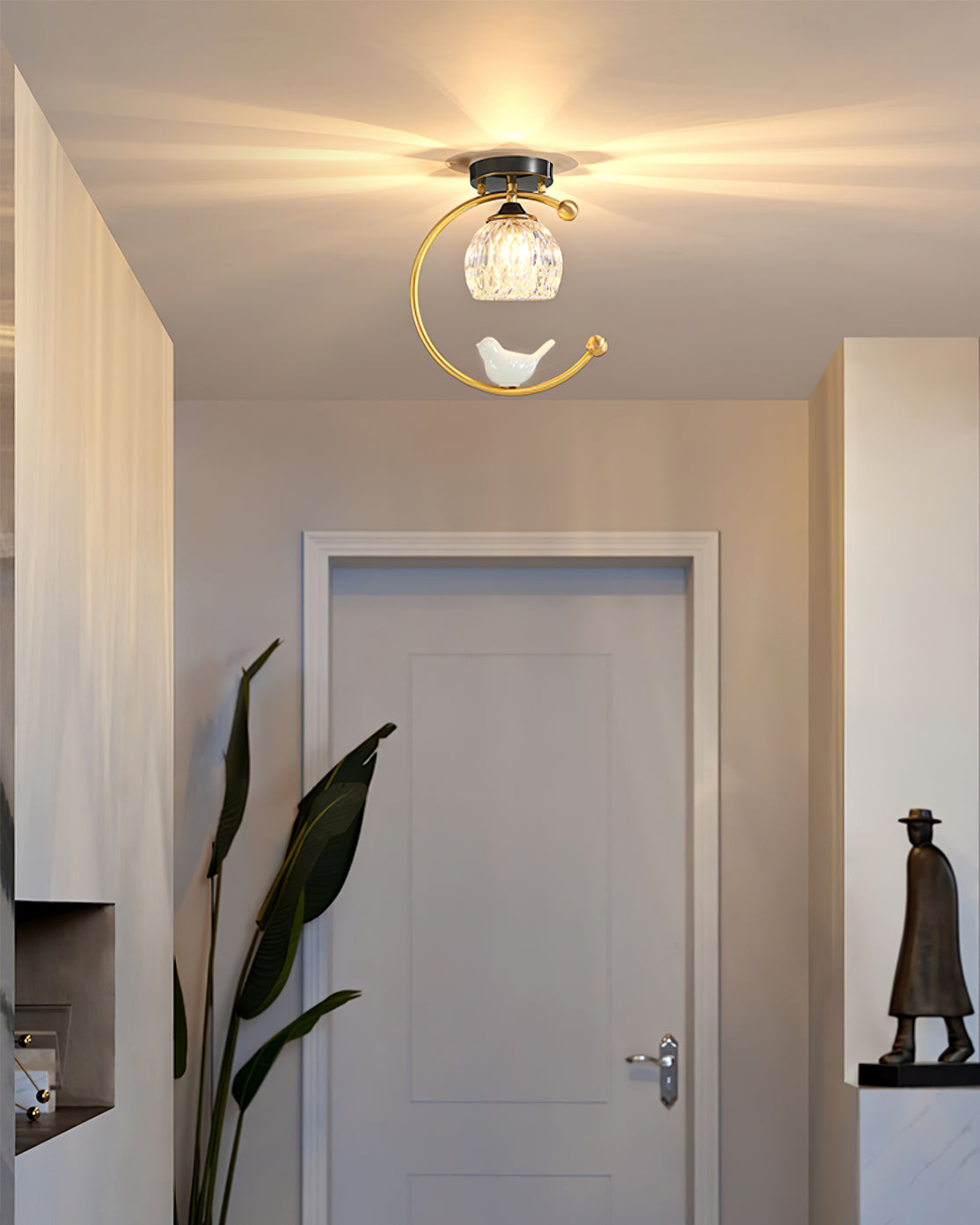 Modern Brass Ceiling Light with Glass Shade and Ceramic Bird Detail