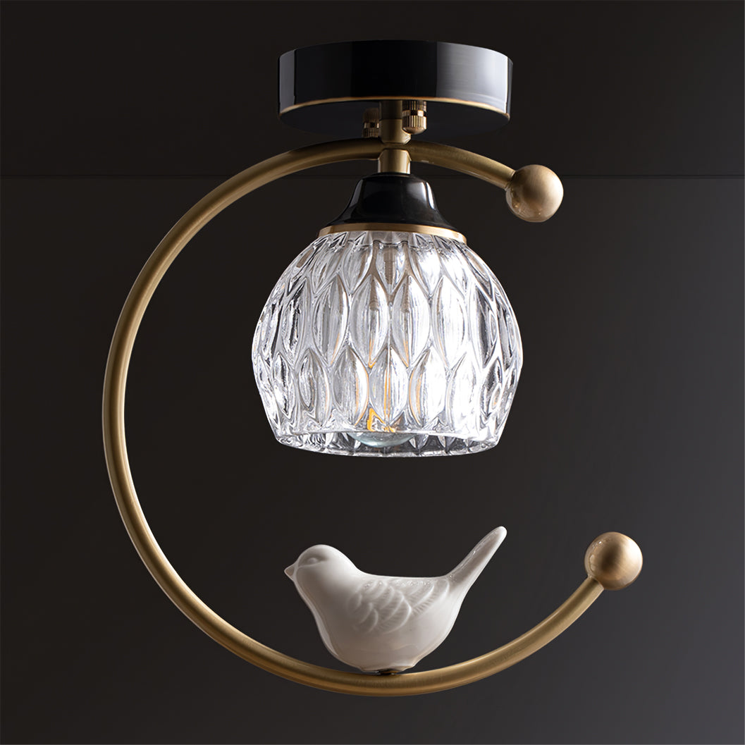 Modern Brass Ceiling Light with Glass Shade and Ceramic Bird Detail